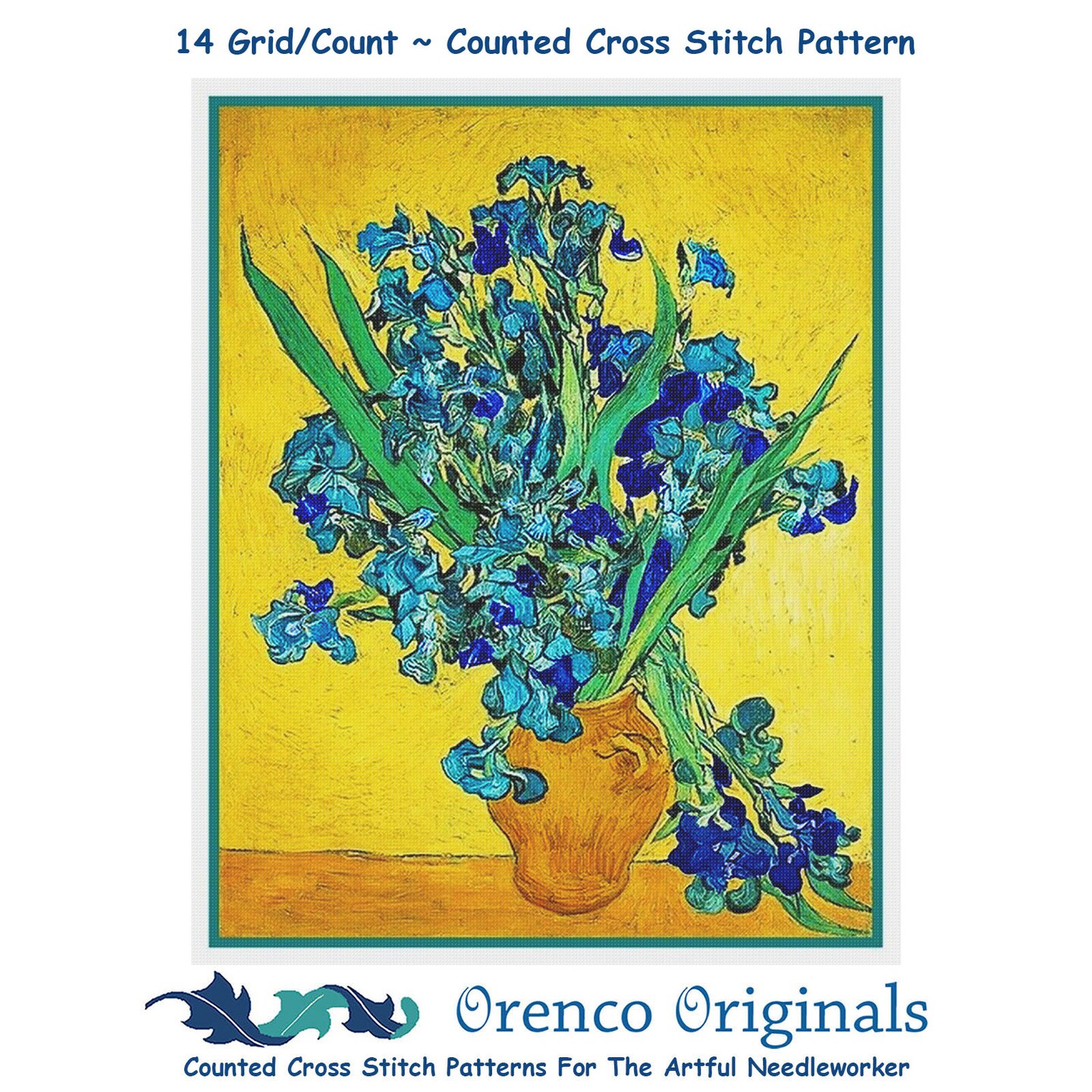 Impressionist Van Gogh&#x27;s Vase of Irises Counted Cross Stitch Chart Pattern