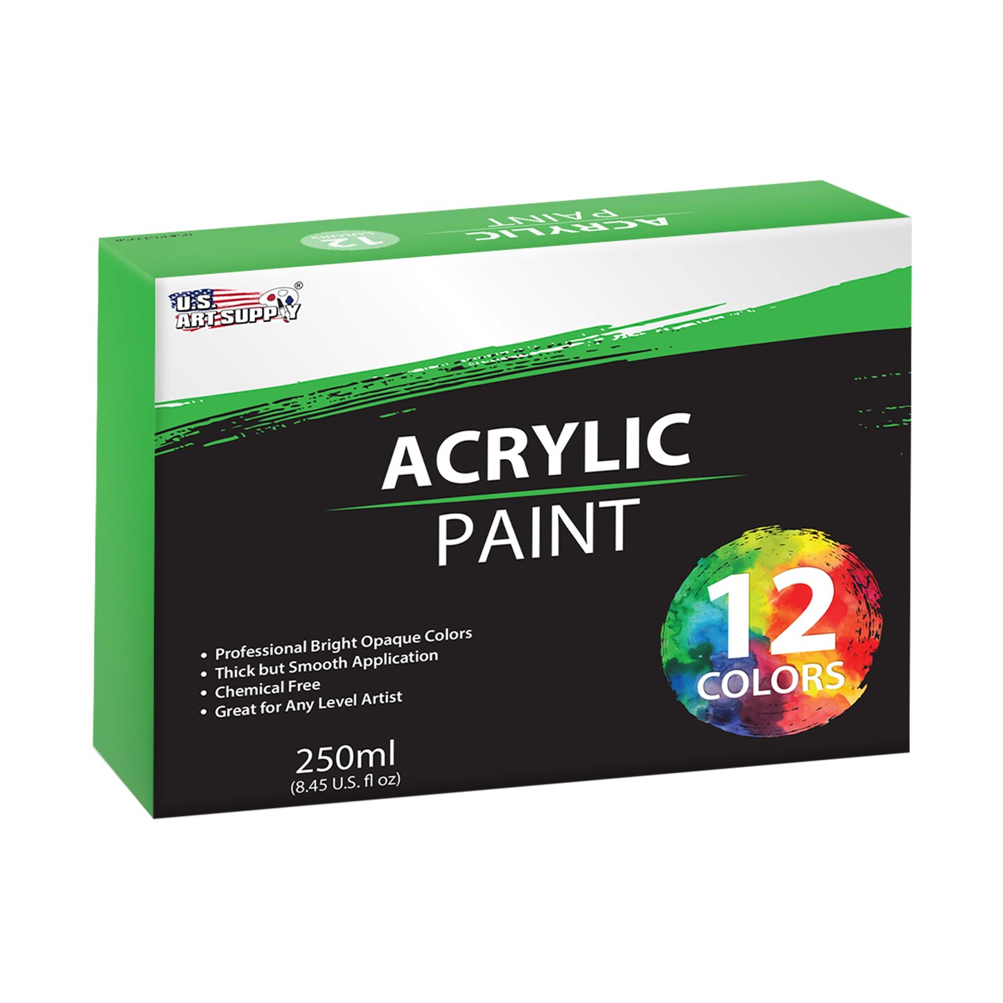 12 Color Acrylic Paint Jar Set 250ml Bottles (8.45 fl oz) - Professional Artist Bright Opaque Colors