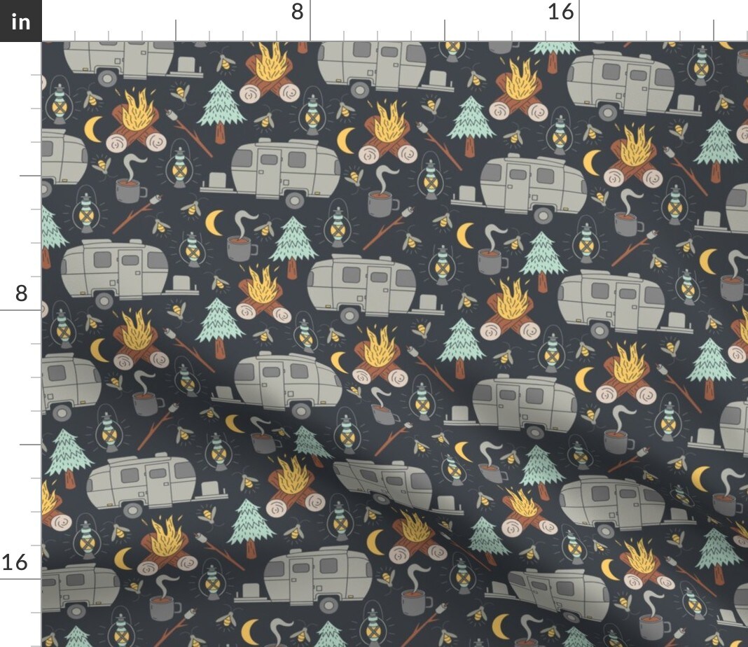 Retro Camping Camper Campfire Fireflies Coffee Outdoors Custom Printed Fabric by Spoonflower Various Fabrics by the Yard or Fat Quarter