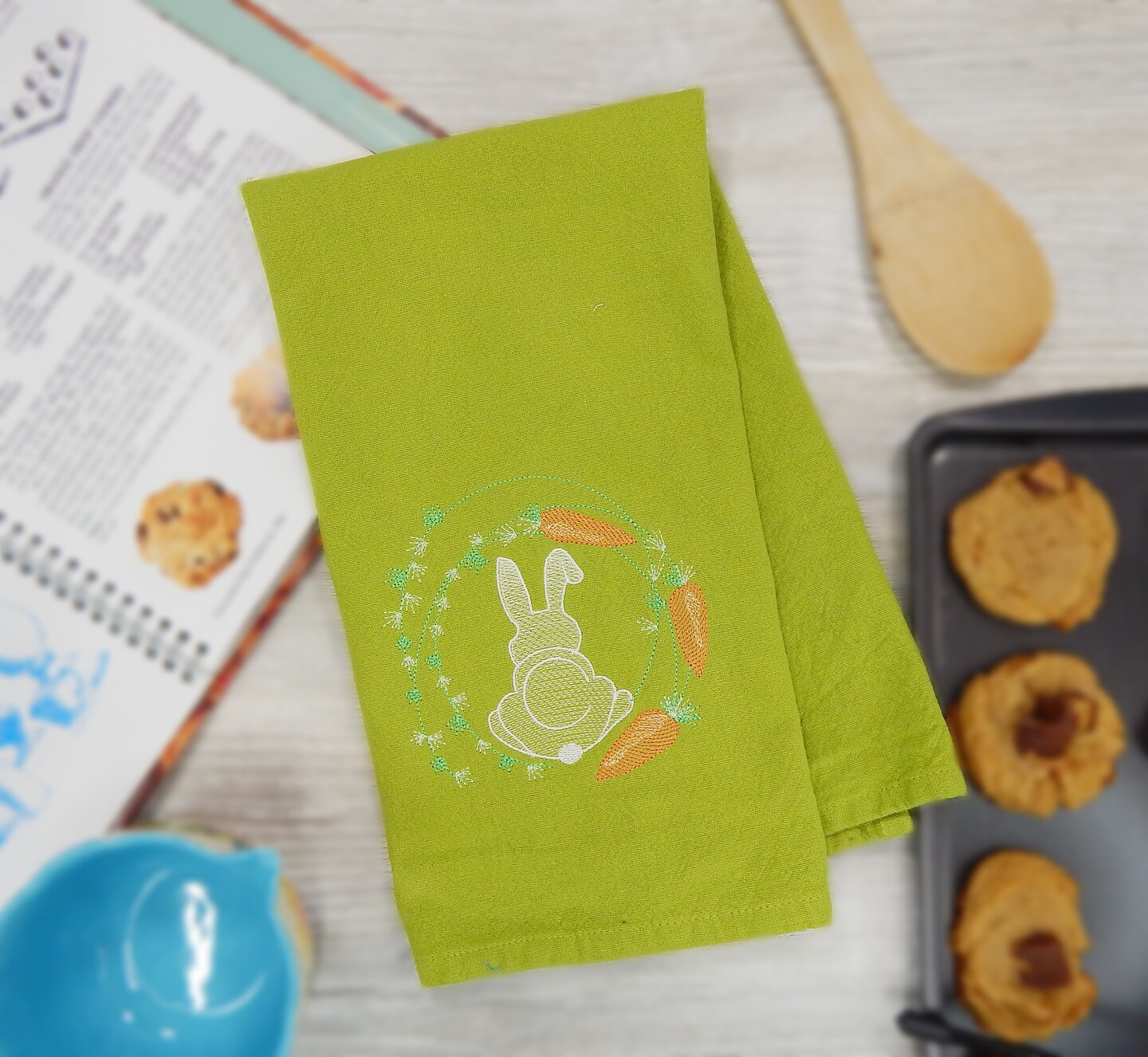 Springtime Bunny Writh Embroidered Tea Towel - Easter Kitchen Decor ...