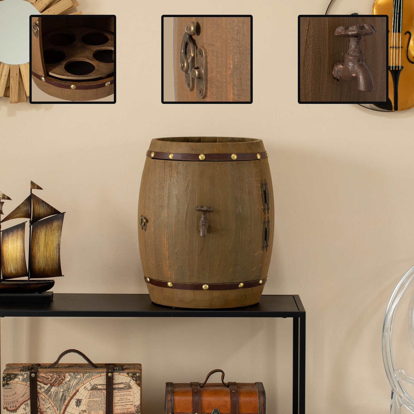 Vintage Wooden Barrel Shaped Wine Holder with a rotating turntable that allows easy access to your wine for Dining Room, Entryway, or Kitchen