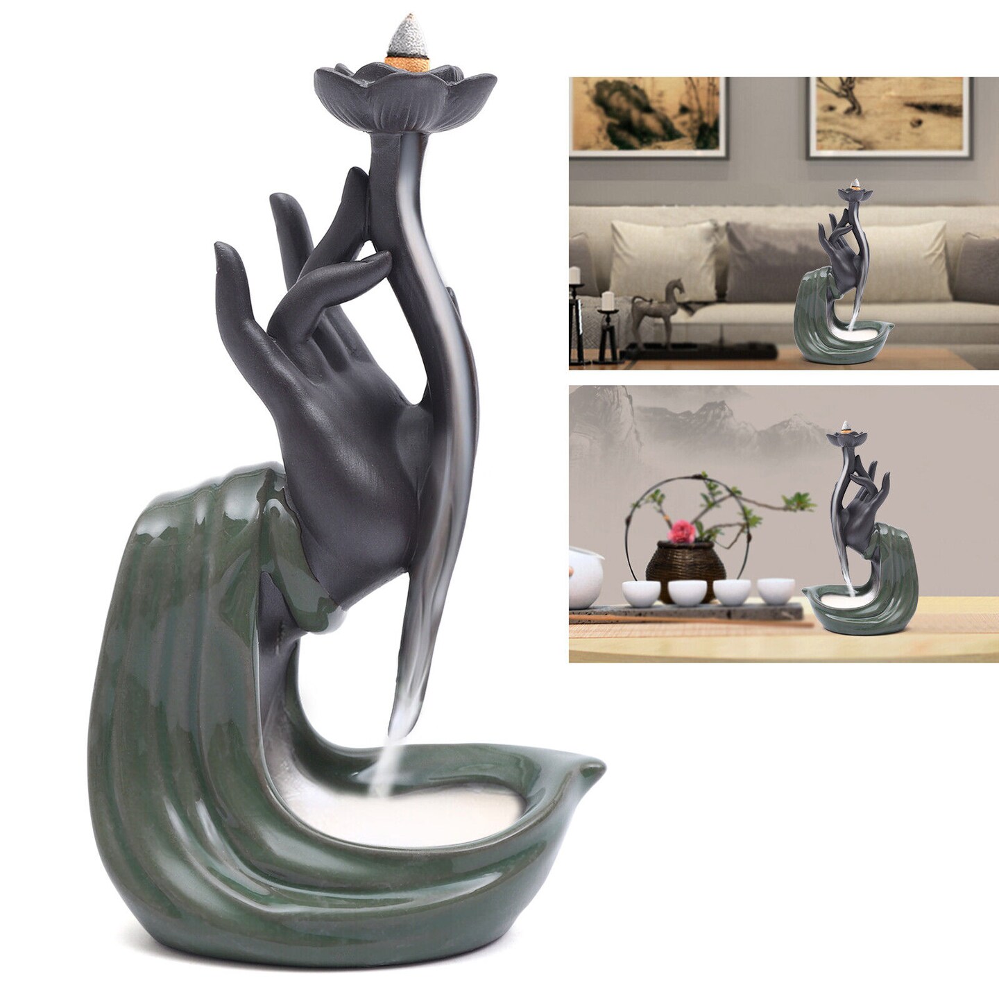 Kitcheniva Ceramic Lotus Backflow Incense Burner Waterfall Decor