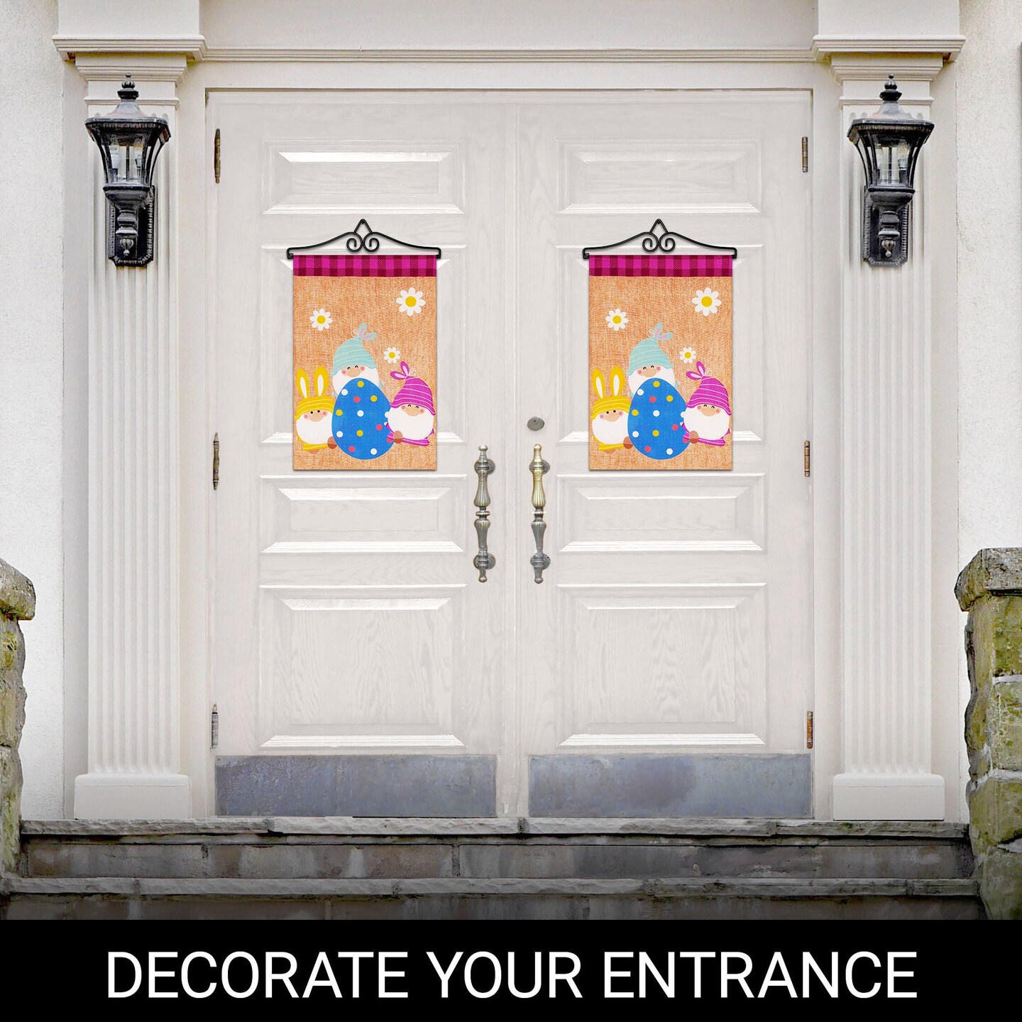 G128 Combo Pack Garden Flag Hanger 14IN & Garden Flag 3 Gnomes with Large Easter Egg 12x18IN Printed Double Sided Burlap Fabric