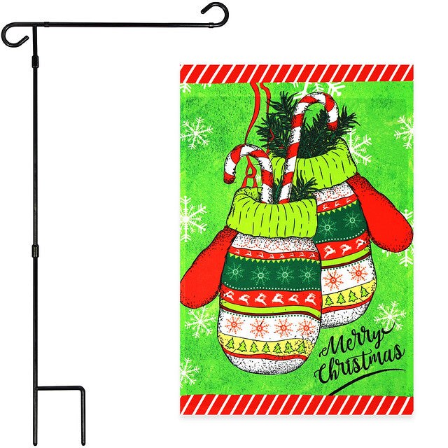 G128 Combo Pack: Garden Flag Stand Black 36x16 Inch &#x26; Garden Flag Merry Christmas Mittens 12x18 Inch