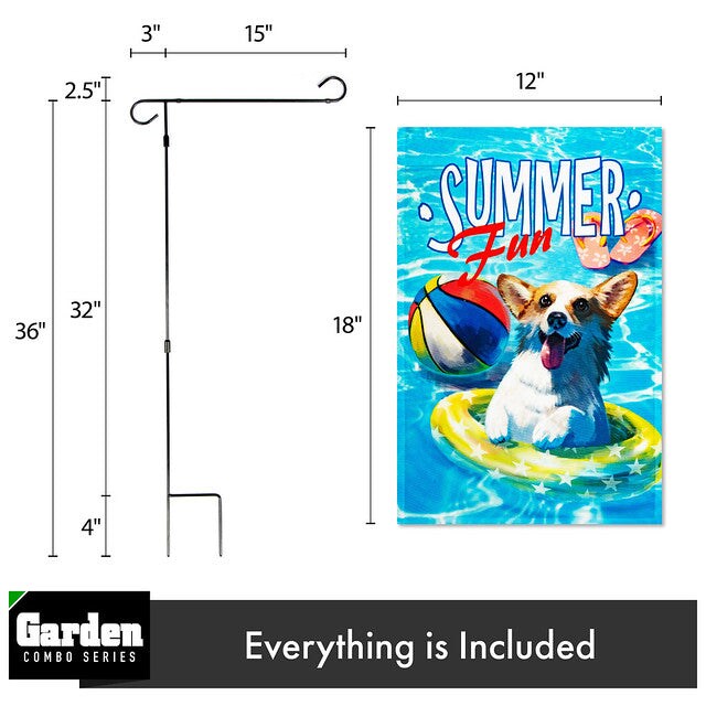 G128 Combo Pack: Garden Flag Stand Black 36x16 Inch &#x26; Garden Flag Summer Fun with Dog in Pool 12x18 Inch