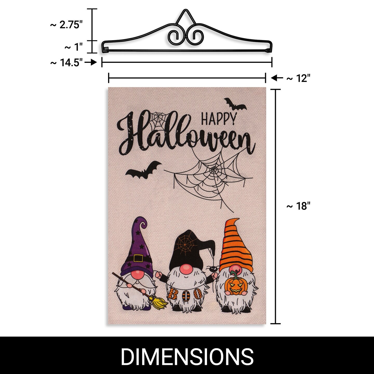 G128 Combo Pack Garden Flag Hanger 14IN & Garden Flag Happy Halloween 3 Gnomes Spider Web 12x18IN Printed Double Sided Burlap Fabric