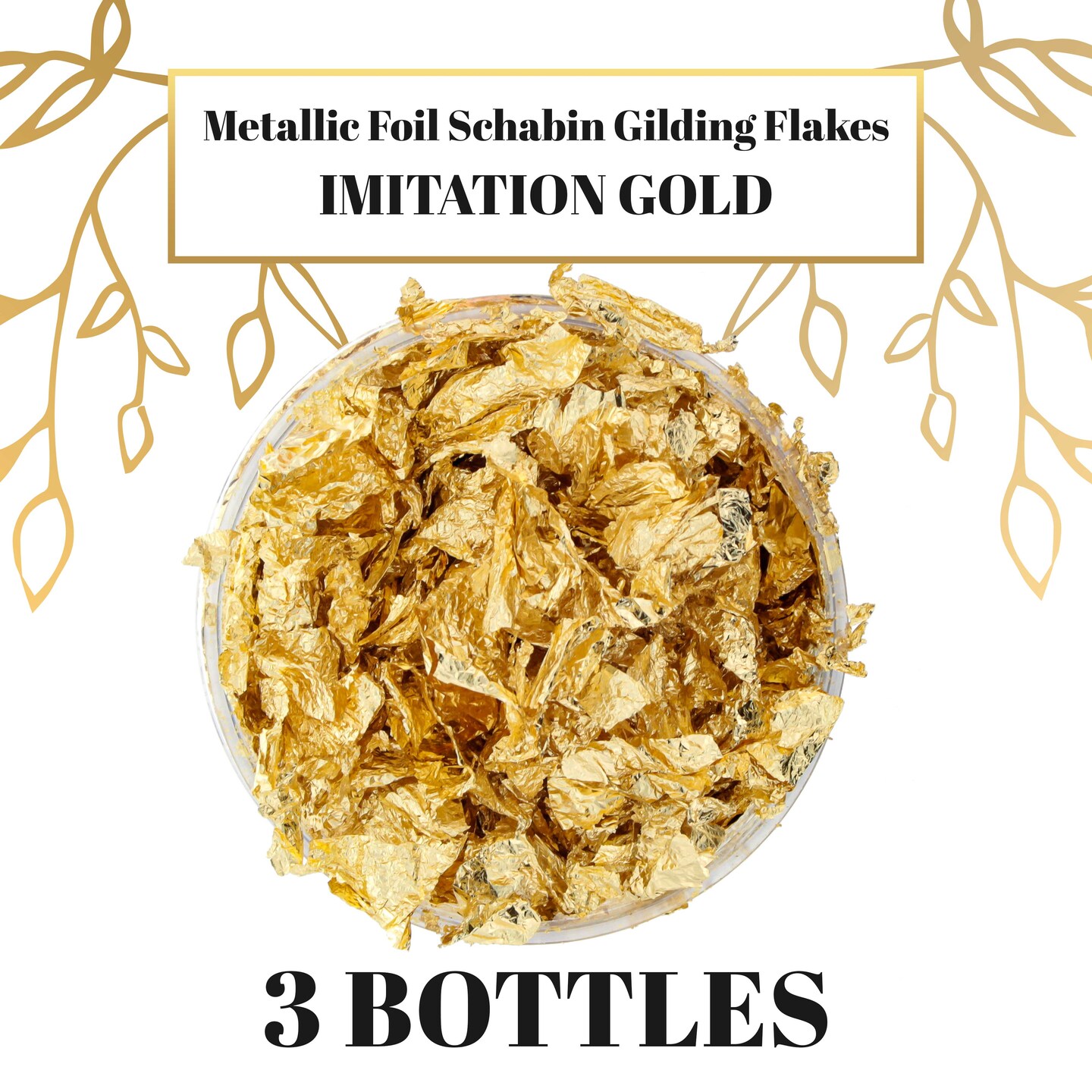 Metallic Foil Schabin Gilding Flakes (3 Pack), Imitation Gold 10 Gram Bottles - Metal Leaf Foil Flakes for Resin, Nails, Crafts, Painting, Jewelry, Slime