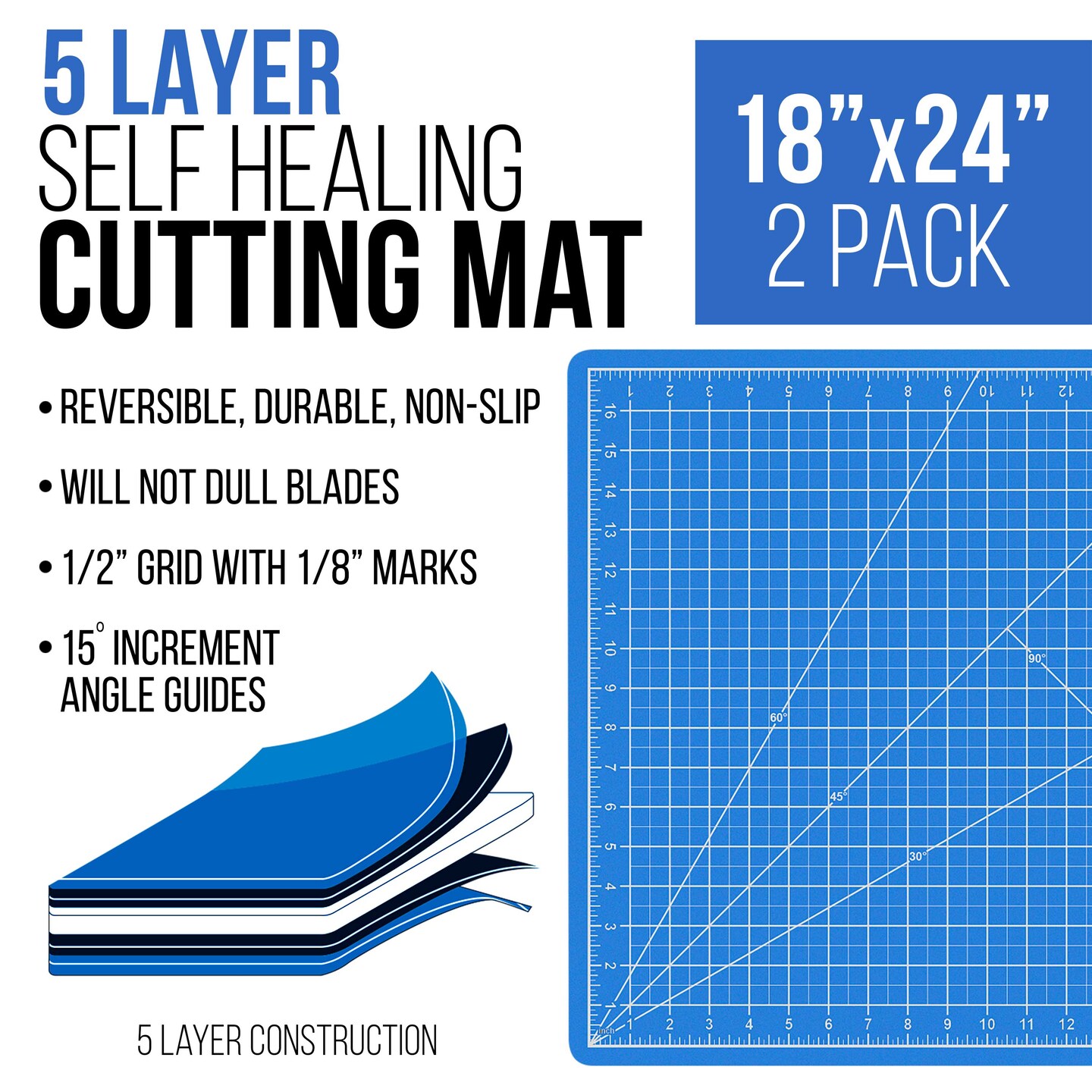 18" x 24" Self-Healing Cutting Mat 5-Ply (2 Pack) - Double-Sided Pink/Blue Craft Mat, Non-Slip Cutting Mats for Crafts, Sewing, Quilting, Scrapbooking