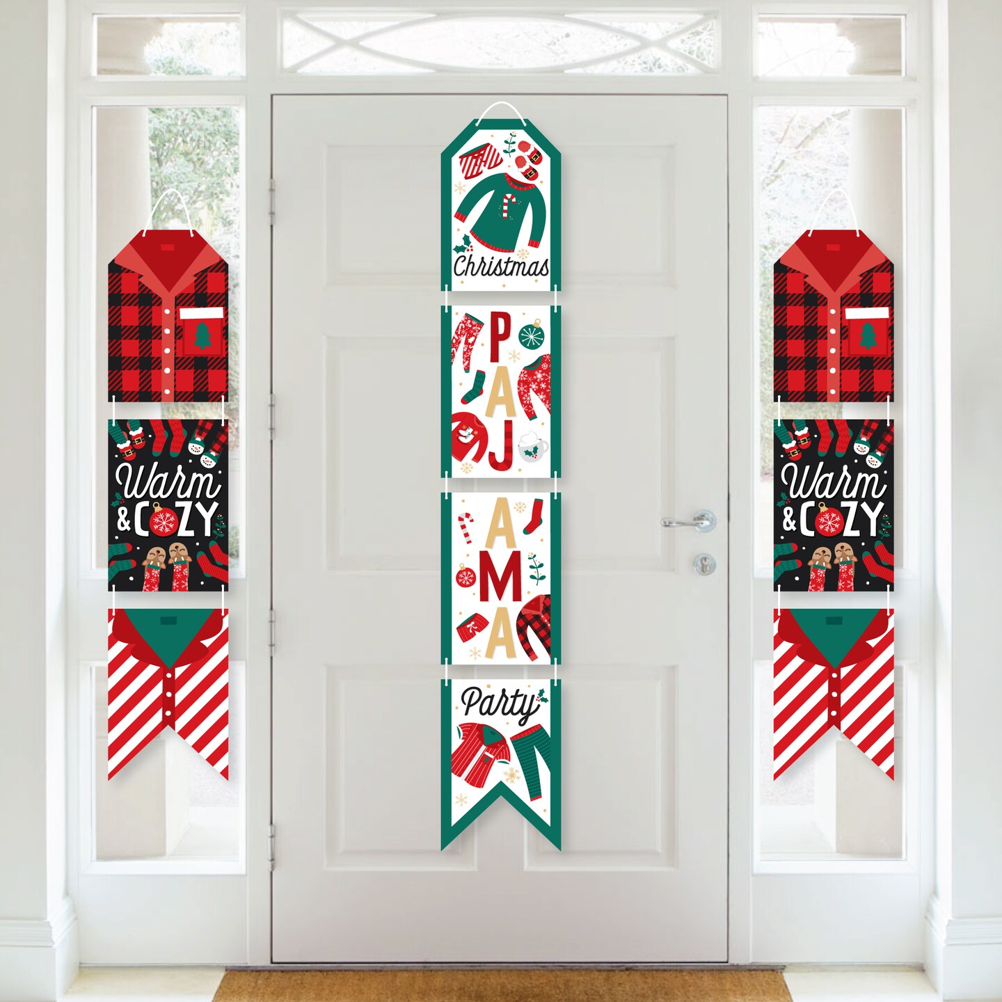 Big Dot of Happiness Christmas Pajamas - Hanging Vertical Paper Door Banners - Holiday Plaid PJ Party Wall Decoration Kit - Indoor Door Decor
