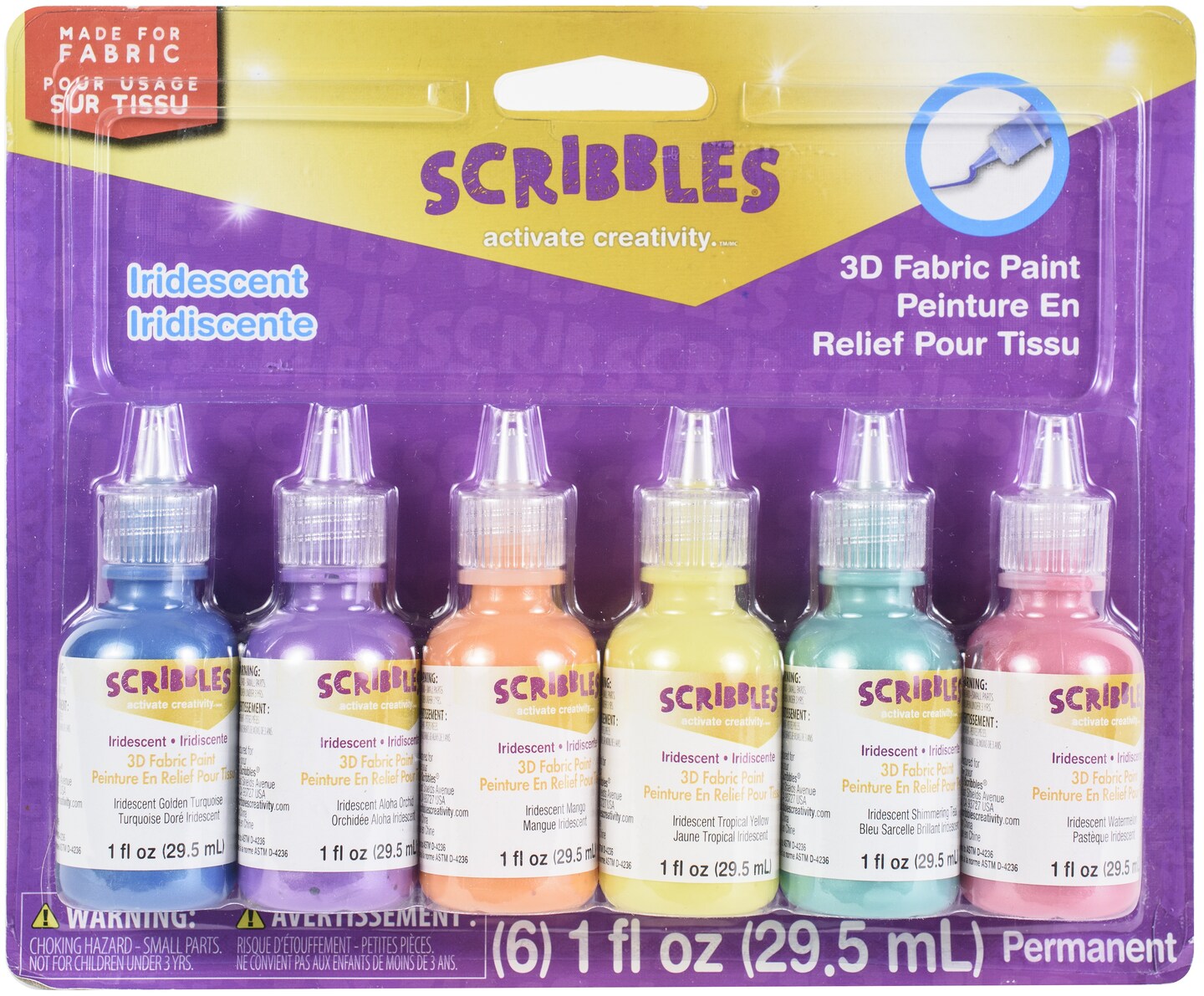 Scribbles 3D Fabric Paints 1oz 6-pkg-iridescent
