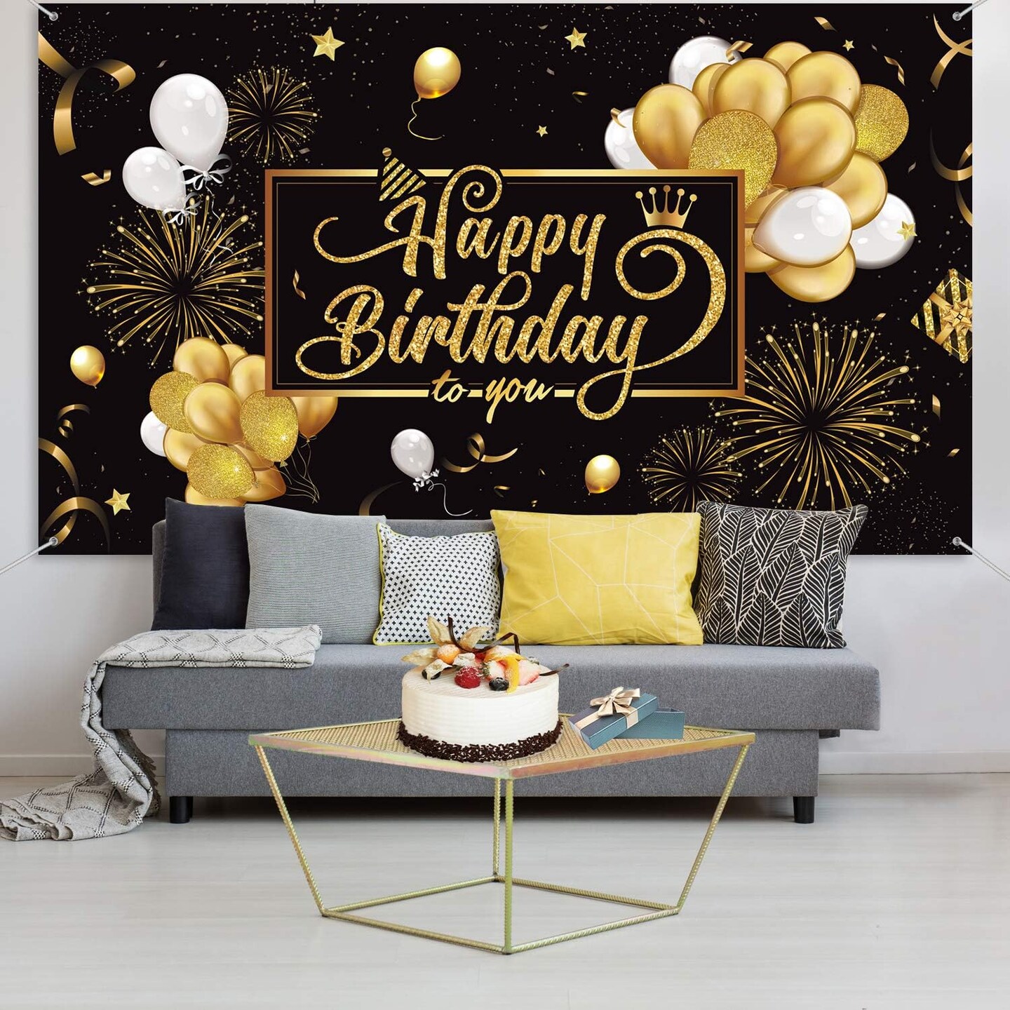 Happy Birthday Backdrop Banner Sign Poster Large Fabric Glitter Balloon Fireworks Sign Birthday Photo Backdrop Background for Birthday Party Decoration Supplies, 72.8 x 43.3in (Black and Gold)