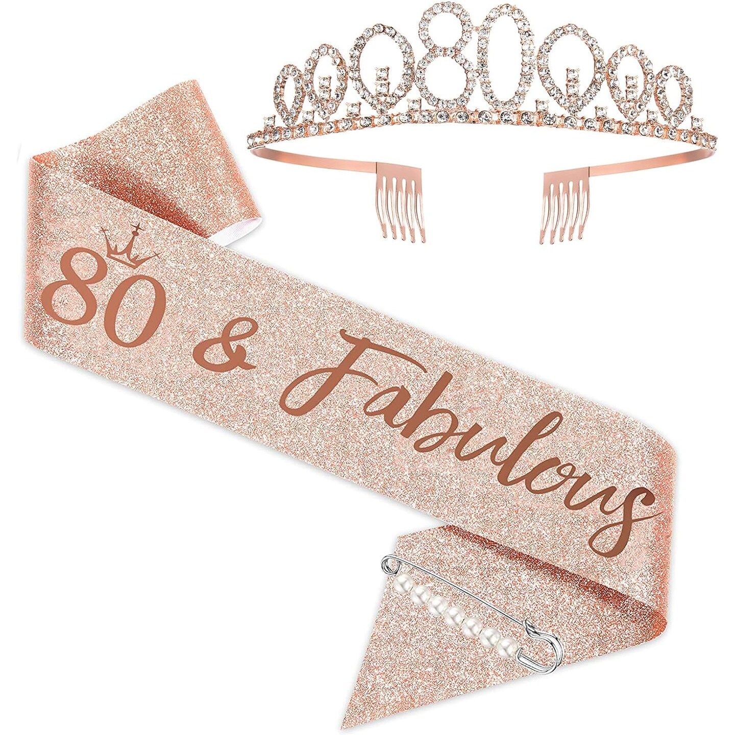 80th Birthday Sash and Tiara for Women, Rose Gold Birthday Sash Crown 80 &#x26; Fabulous Sash and Tiara for Women, 80th Birthday Gifts for Happy 80th Birthday Party Favor Supplies