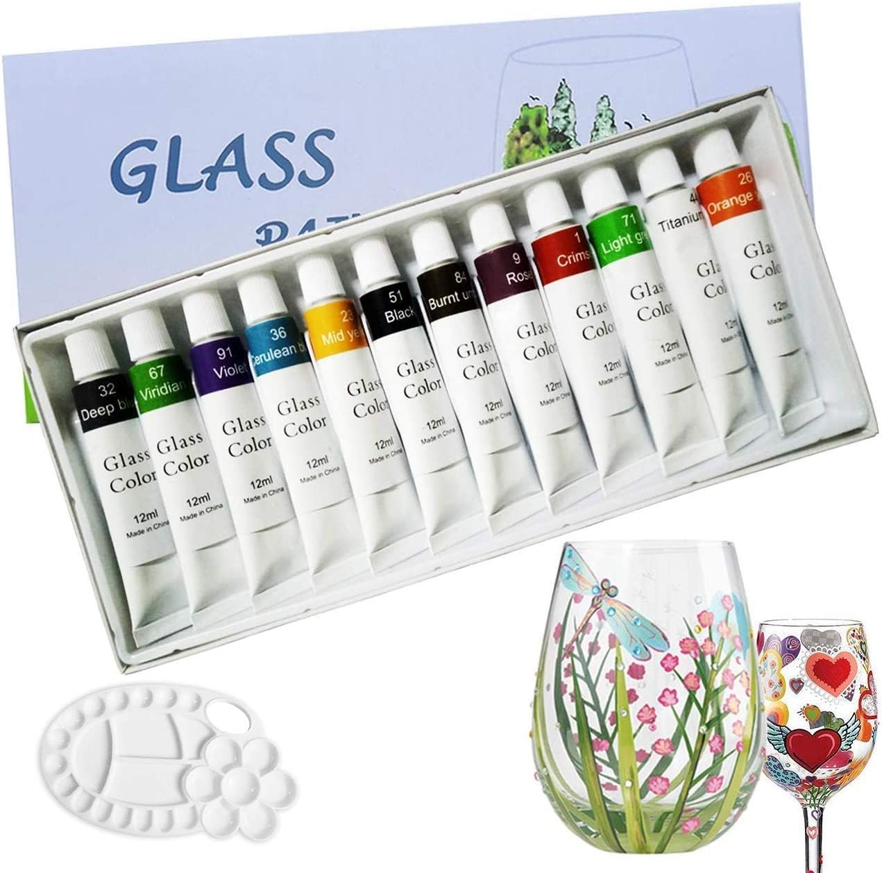 12 Pieces Stained Glass Paint Kit with Palette,Transparent Glass Window Paint Acrylic Paint Set Great for Wine Bottle, Light Bulbs, Ceramic ( 12ml)