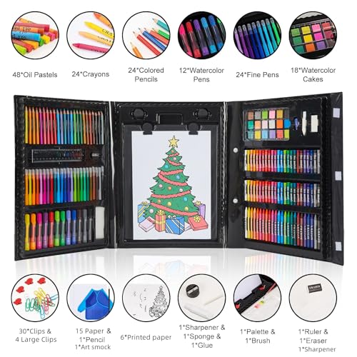 215 Piece Art Set Crafts Drawing Kit with Trifold Easel, Includes Preprinted Paper, Oil Pastels, Crayons, Colored Pencils, Smock &#x26; More Gifts for Girls Boys Teen Ages 4-6-8-9-12