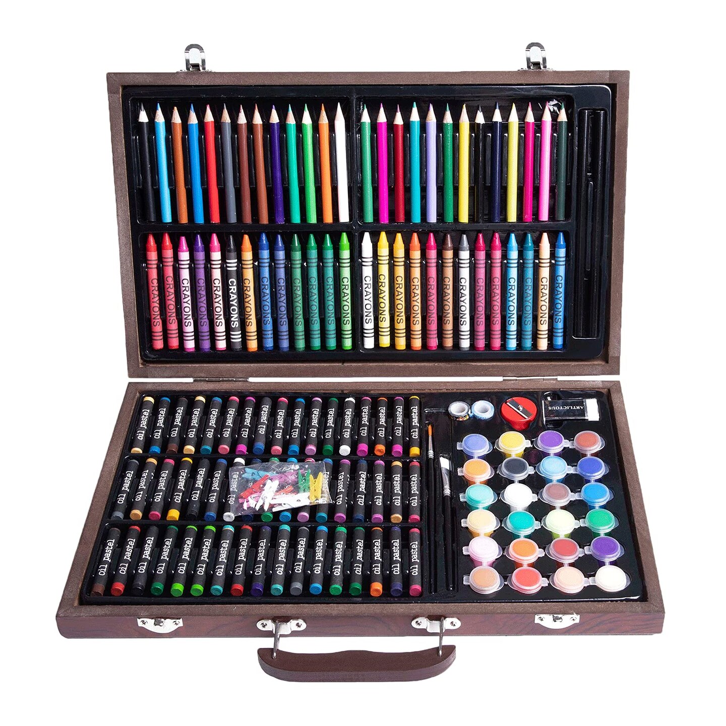 145 Pieces Deluxe Art Set in Portable Wooden Box Drawing Kit Set with Oil Pastels, Crayons, Colored Pencils, Watercolor Cakes, Brushes, Wooden Case Art Supplies (Wooden)