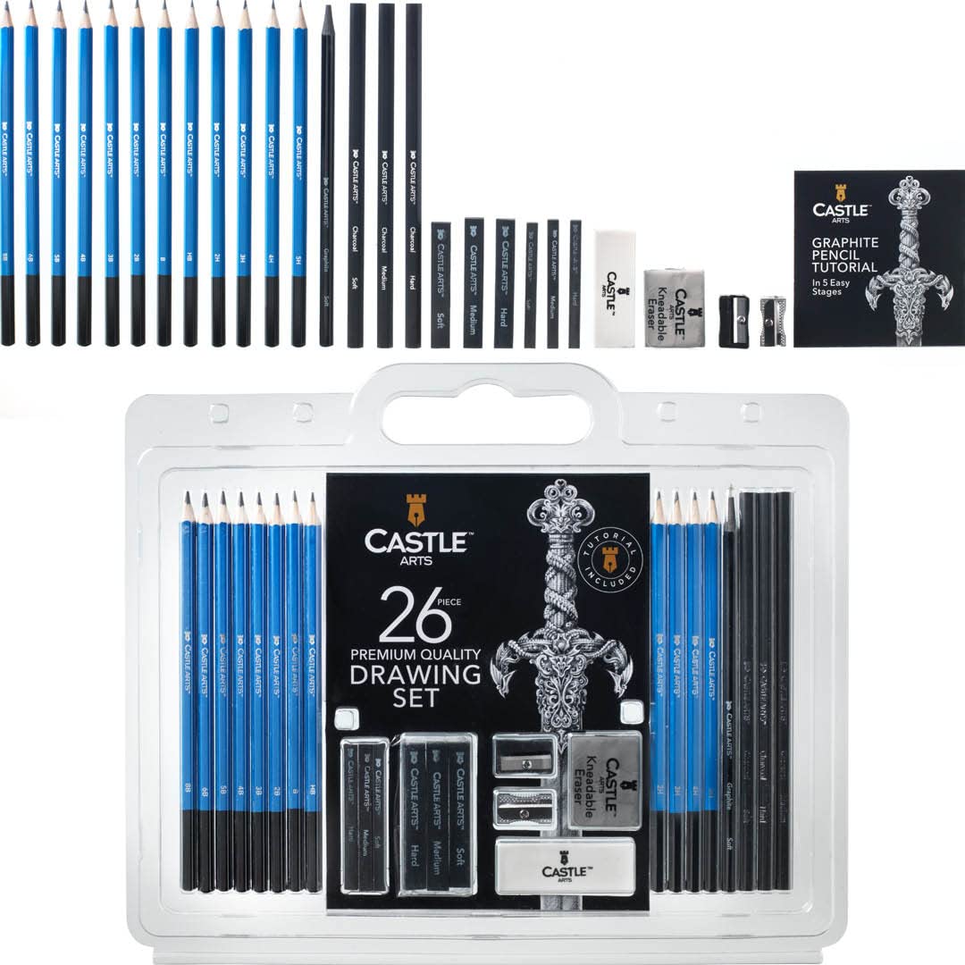 26 Pieces Premium Drawing and Sketching Set | For Artists, Professionals or Beginners | Pencils, Charcoal, Graphite and More | Arranged in Carry-Anywhere Clamshell Case