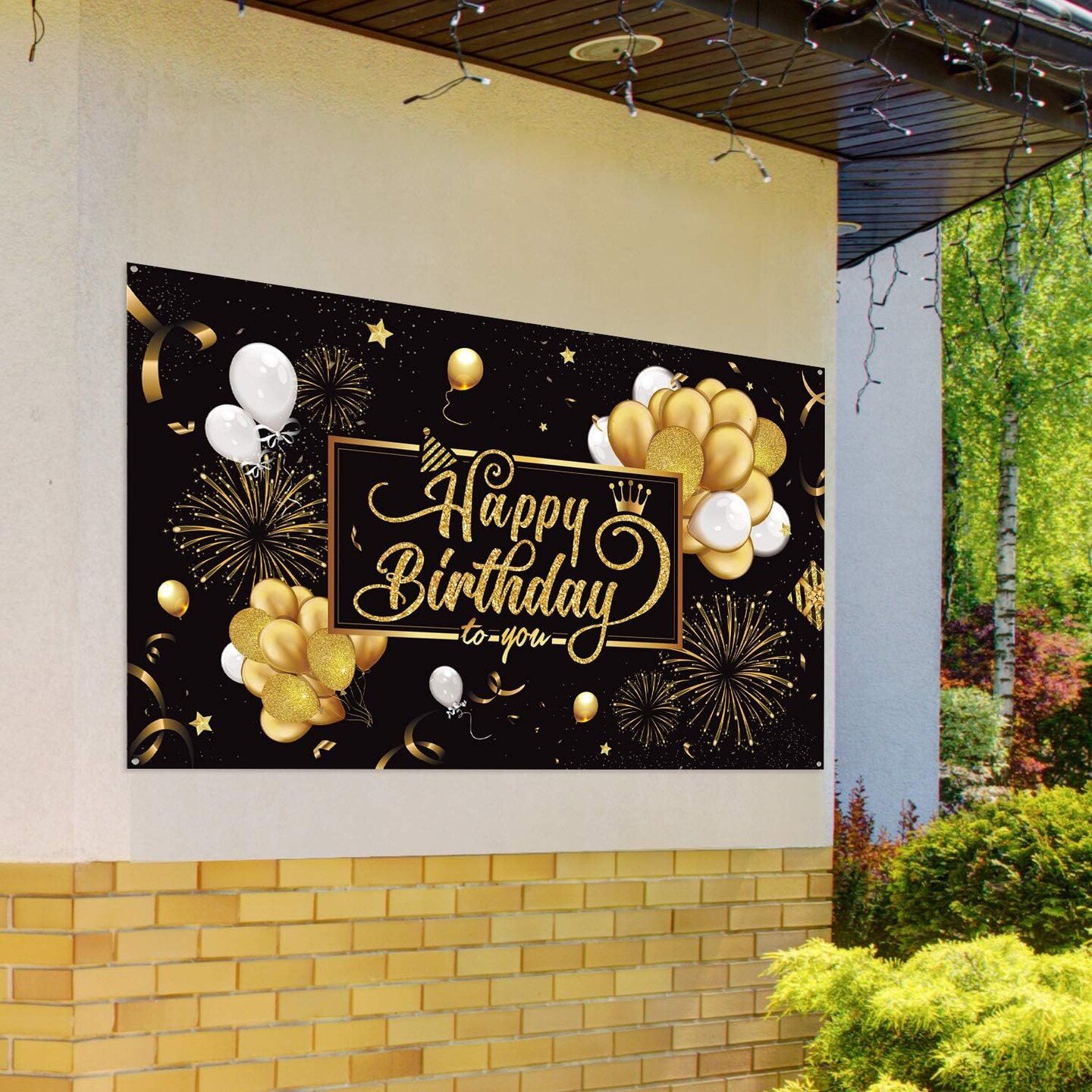 Happy Birthday Backdrop Banner Sign Poster Large Fabric Glitter Balloon Fireworks Sign Birthday Photo Backdrop Background for Birthday Party Decoration Supplies, 72.8 x 43.3in (Black and Gold)