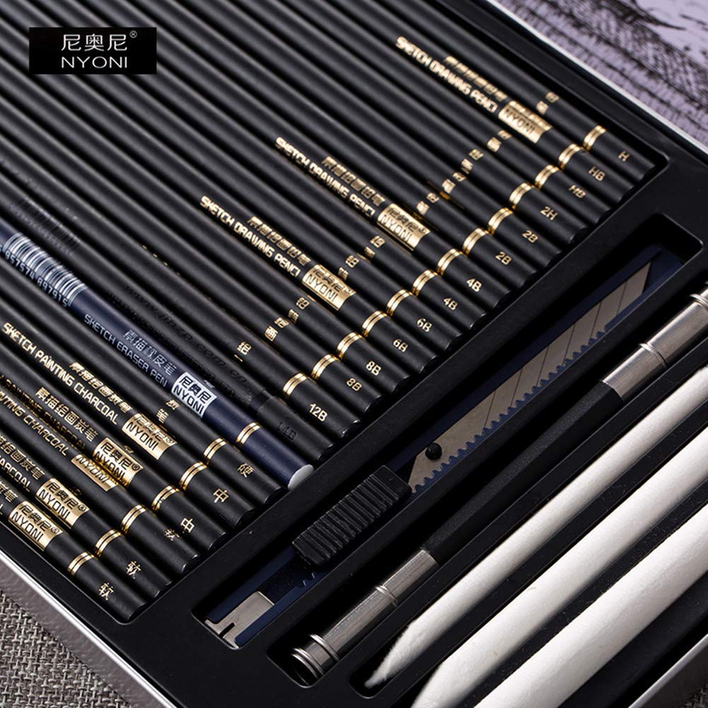 29 Pieces Sketching Pencils Set, Metal Box Packaging, Including Graphite Pencils&#x3001;Charcoal Pencils&#x3001;Blending Stumps and other tools for drawing (A set).
