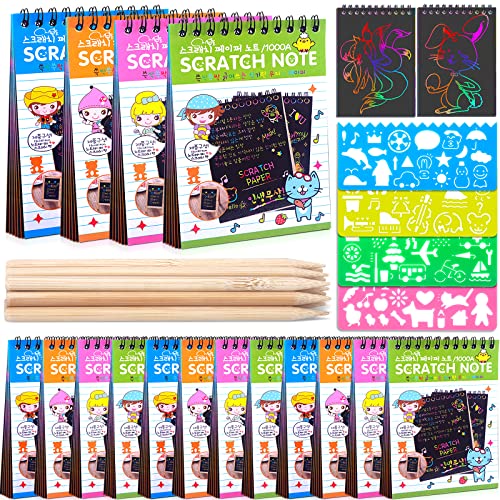 16 Pieces Drawing Notebook Set, Scratch Art Paper Rainbow Mini Notes, Sketch Drawing Pad for Kids Party Favors&#xFF08;with 16 Wooden Stylus &#x26; 4 Drawing Stencils&#xFF09;