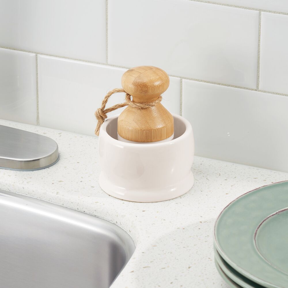 mDesign Bamboo Mini Kitchen Palm Dish Scrubber Brush with Holder