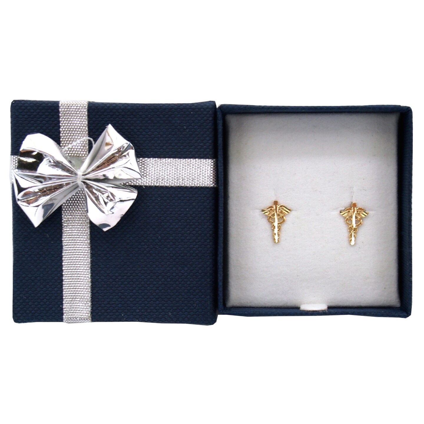 14K Yellow Gold Caduceus Stud Earrings with Bow Tie Jewelry Gift Box 