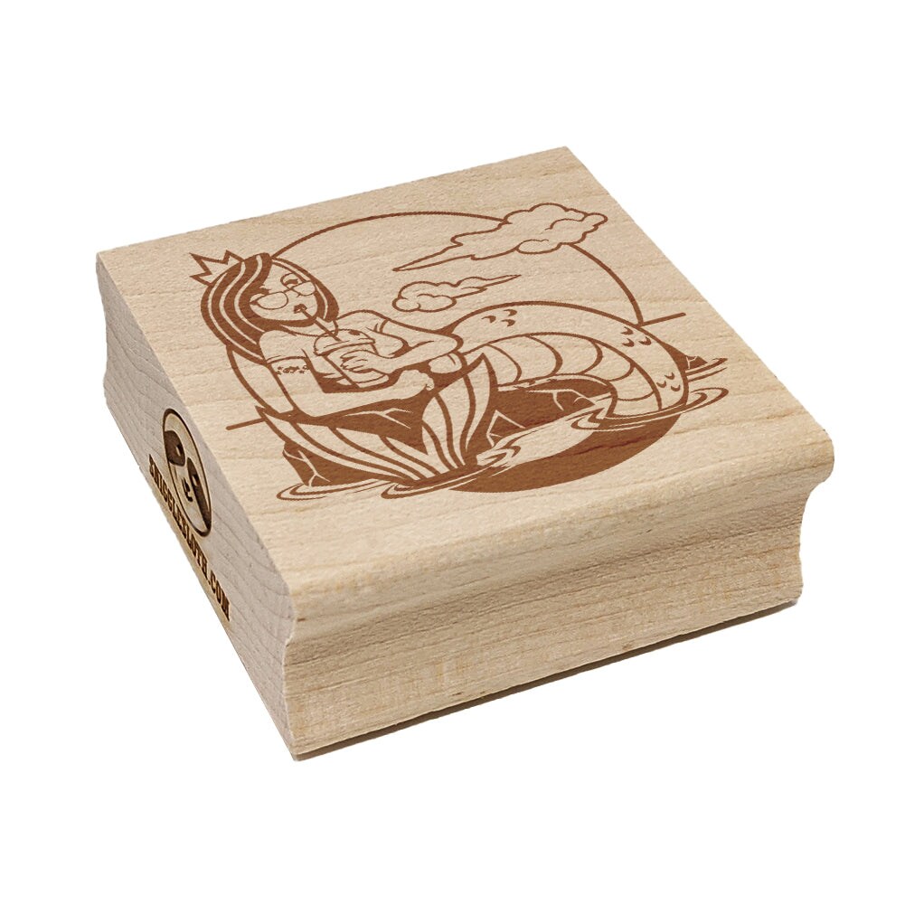 Coffee Drinking Hipster Mermaid Square Rubber Stamp for Stamping Crafting