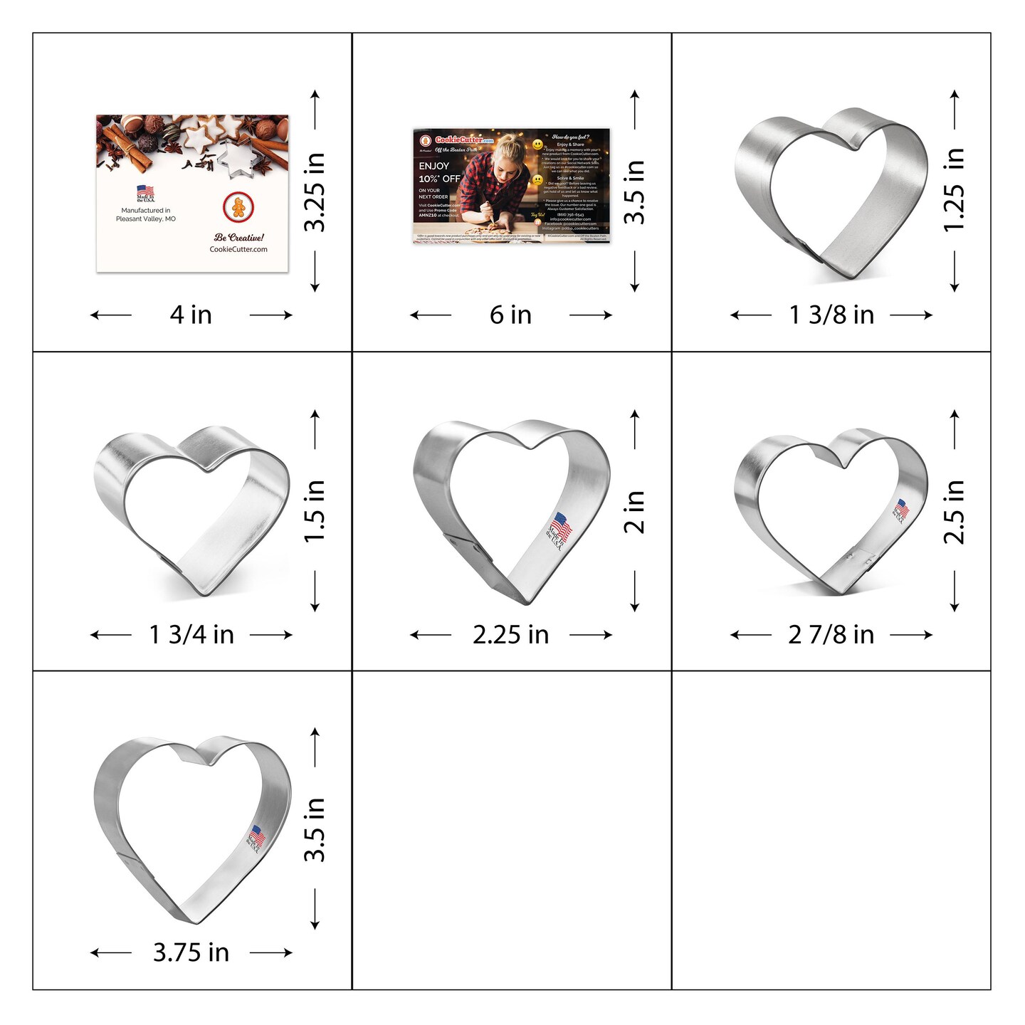 CookieCutter.com Heart 5 Piece Set, Sizes 1.5 in to 3.75 in Tin Plate Steel Handmade in the USA