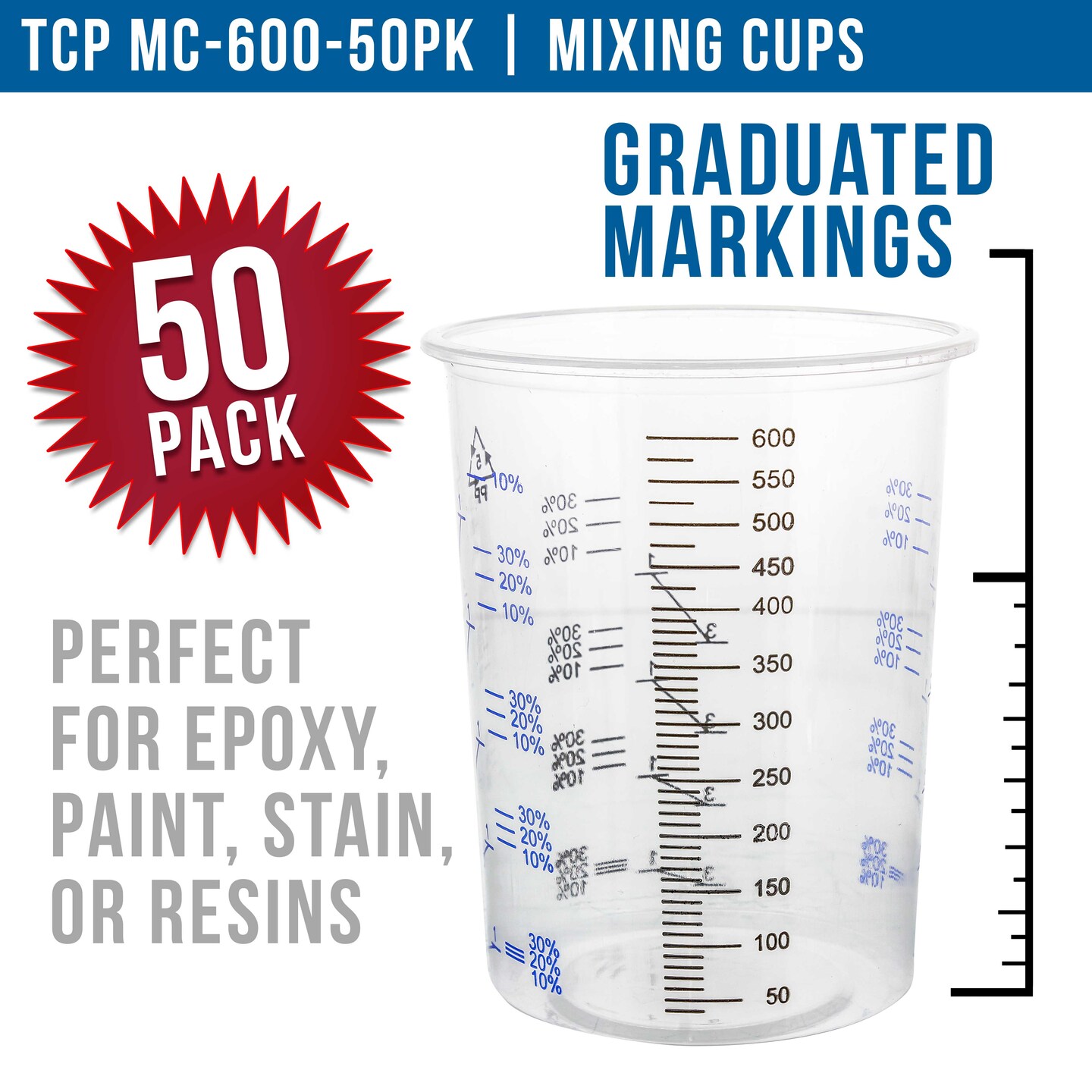 TCP Global 20 Ounce (600ml) Disposable Flexible Clear Graduated Plastic Mixing Cups Box of 50