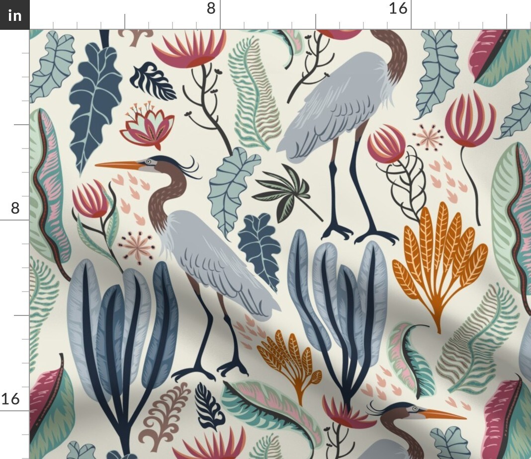 Coastal Flora Nature Tropical Wild Flowers Crane Heron Moody Pond Meadow Plants Wildlife Marshes Birds Custom Printed Fabric by Spoonflower Various Fabrics by the Yard or Fat Quarter