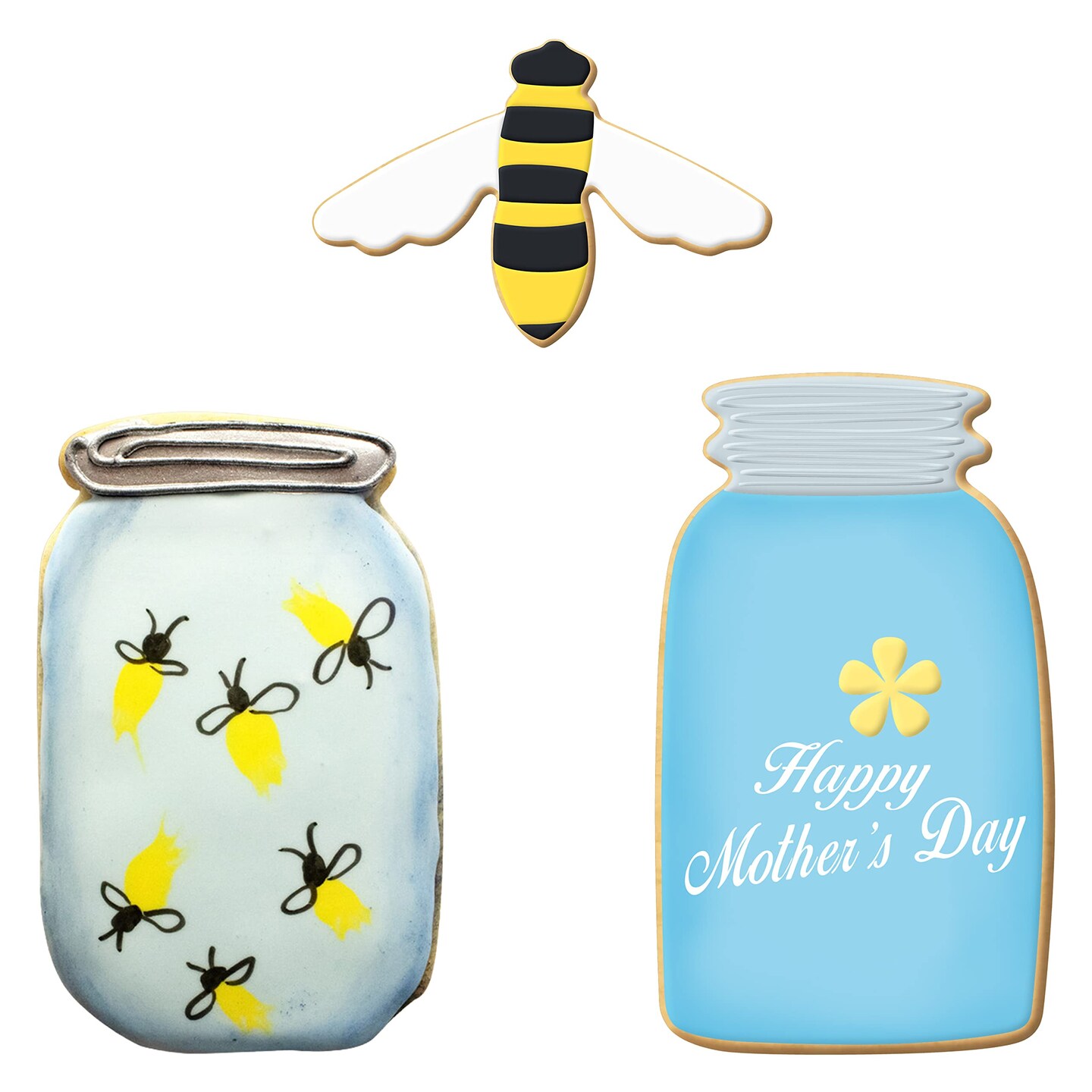 CookieCutter.Com Mason Honey Jars and Bee Cookie Cutter 3 Pc Set HS0463 with Sugar Cookie Recipe Card. USA Made