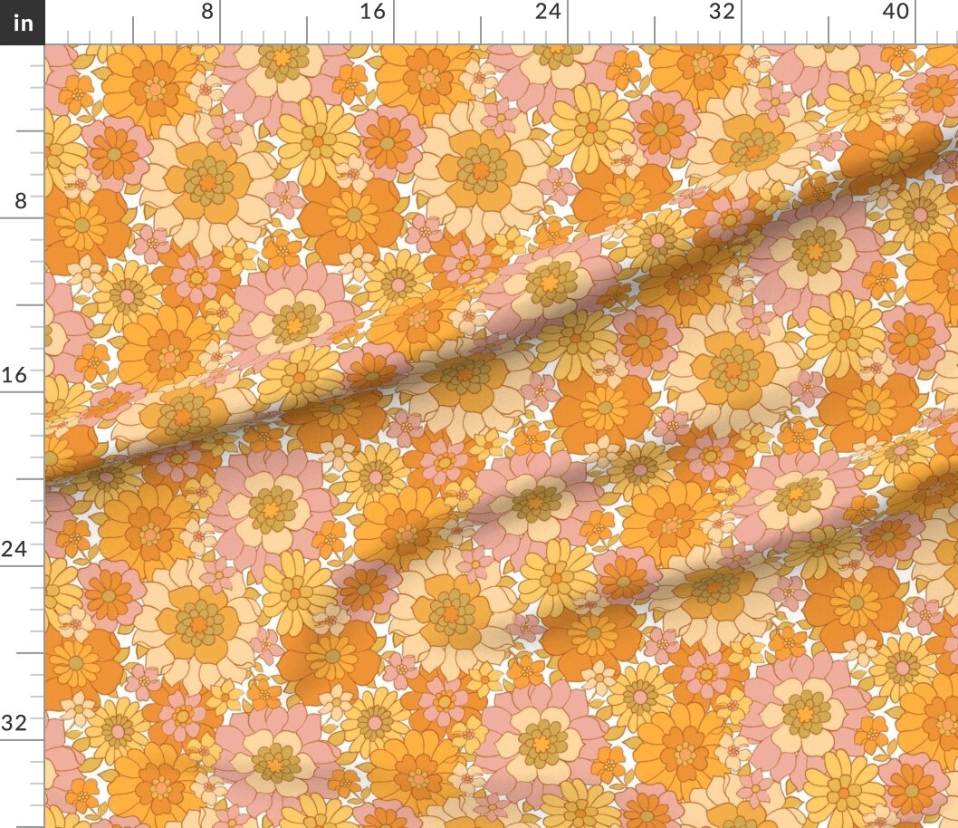 1970S Floral Orange Retro Flowers Vintage Boho 1960S Flower Power Bright Sunny Groovy Custom Printed Fabric by Spoonflower Various Fabrics by the Yard or Fat Quarter