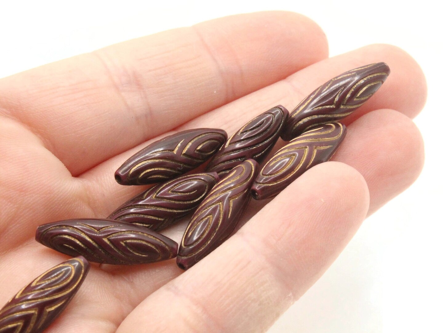 8 22mm Brown and Gold Patterned Vintage Plastic Tube Beads