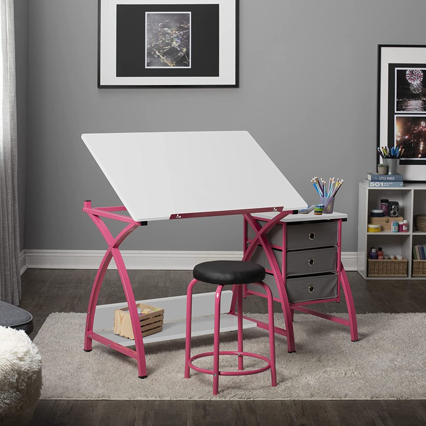 SD STUDIO DESIGNS 2 Piece Venus Craft Table with Angle Adjustable Top and Stool - Pink/White