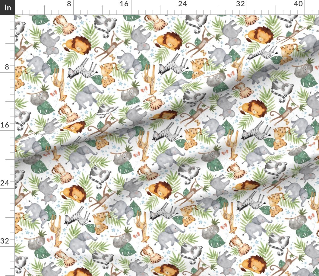 Various Fabrics by the Yard or Fat Quarter Jungle Friends White Kids Safari Animal Nursery Lion Elephant Giraffe Zebra Rhino Cheetah Scale Wild Animals Custom Printed Fabric by Spoonflower