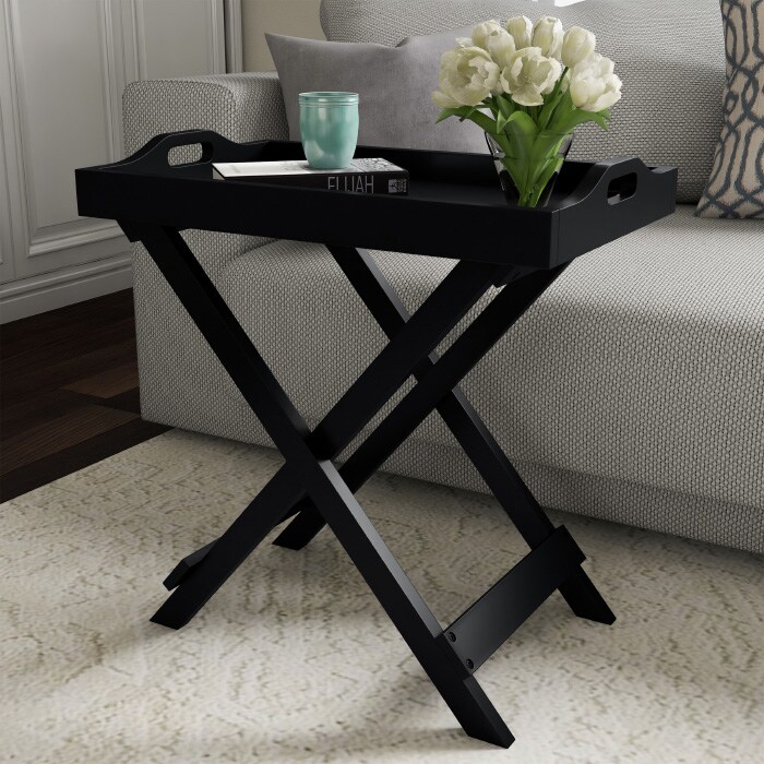 Folding Wooden Tv Tray End Table Removable Tray Matte Black Living Room Accent