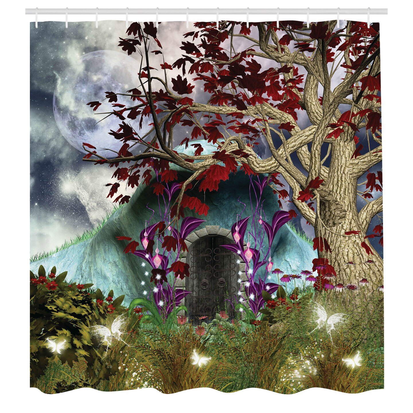 Ambesonne Forest Shower Curtain, Dark Gothic Themed Scene with Magic Tree and Secret Cave Moon Illustration, Cloth Fabric Bathroom Decor Set with Hooks, 69&#x22; W x 70&#x22; L, Green Eggshell Redwood