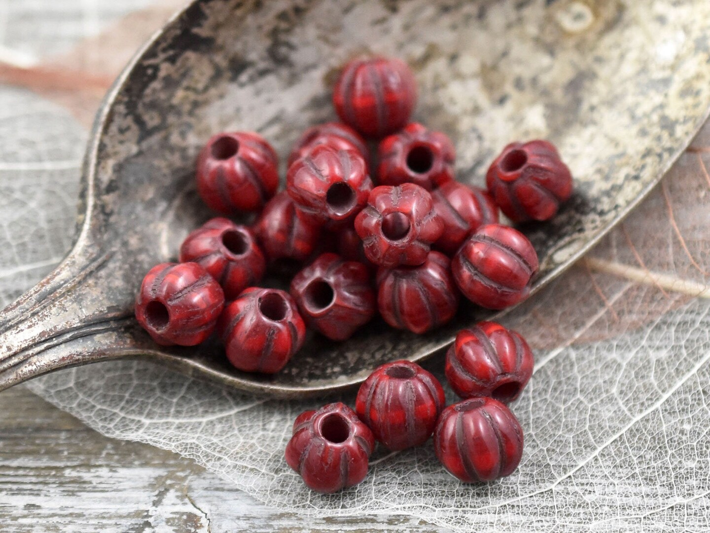 *20* 8mm Bronze Washed Ruby Red Large Hole Melon Beads