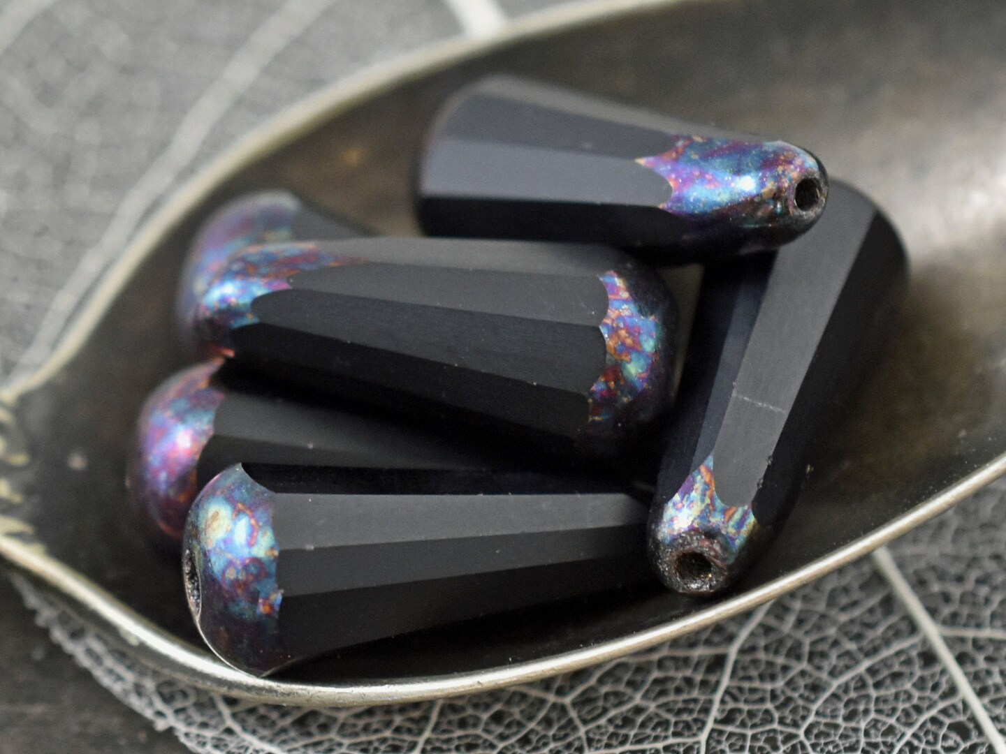*6* 8x20mm Jet Bronzed AB Picasso Faceted Drop Beads