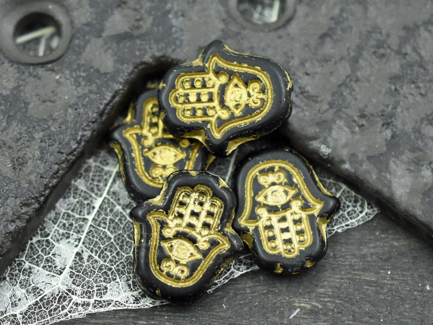 *4* 15x14mm Bronze Washed Matte Black Hamsa Hand Beads