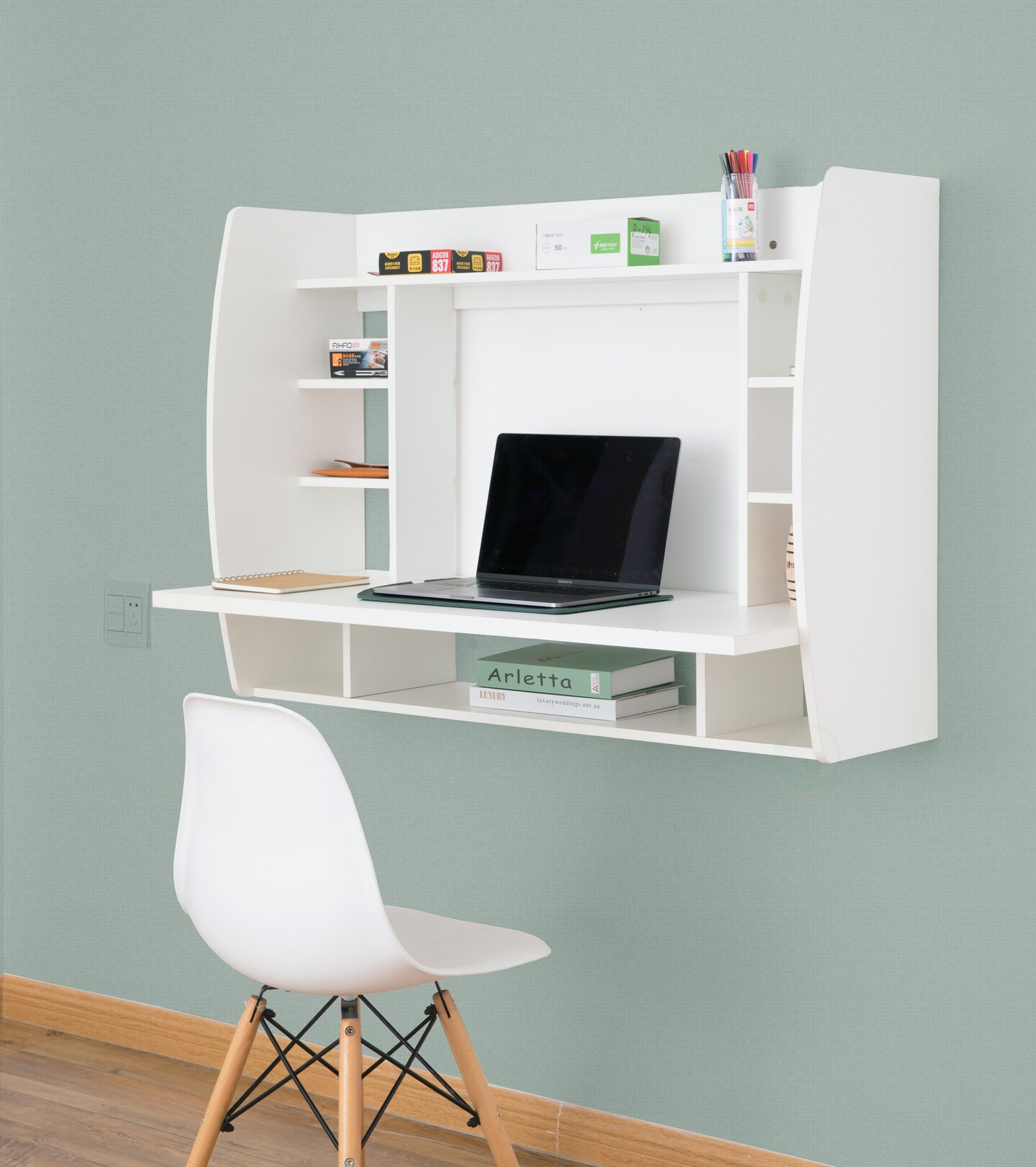 Versatile Wall Mount Floating Computer Desk - Stylish and Space-Saving Writing Study Table with Shelves - Ideal for Living Room, Bedroom, and Home Office