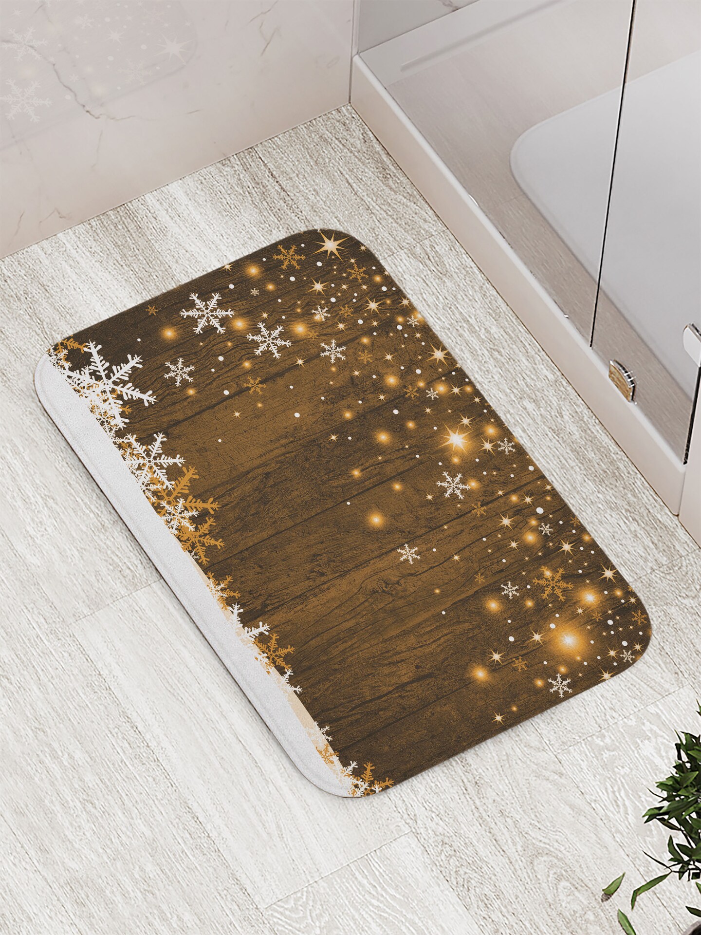 Ambesonne Christmas Bath Mat, Rustic Wooden Backdrop with Snowflakes and Warm Traditional Celebration Print, Plush Bathroom Decor Mat with Non Slip Backing, 29.5&#x22; X 17.5&#x22;, White Brown