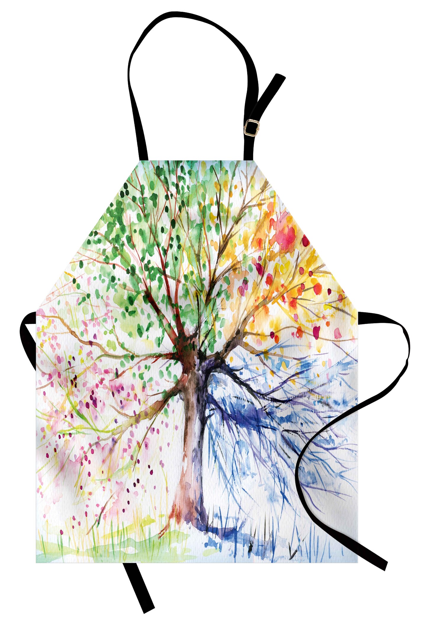Ambesonne Tree Apron, Watercolor Nature Colorful Blooming Branches 4 Seasons Themed Illustration Print, Unisex Kitchen Bib with Adjustable Neck for Cooking Gardening, Adult Size, Multicolor