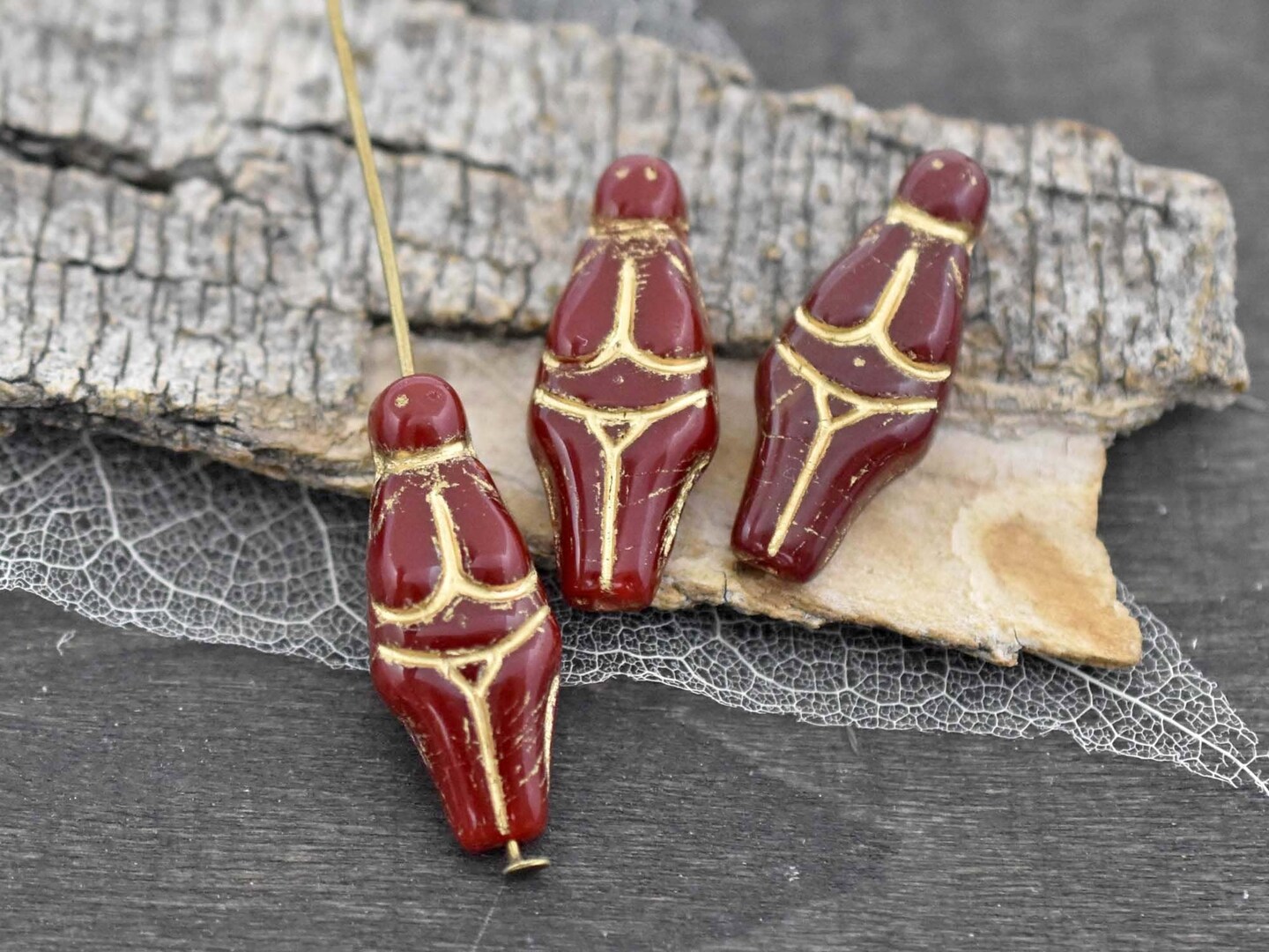 *4* 21x10mm Gold Washed Red Opaline Goddess Beads