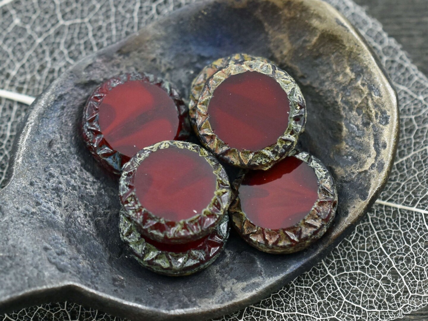 *6* 12mm Red Opaline Picasso Mayan Sun Coin Beads