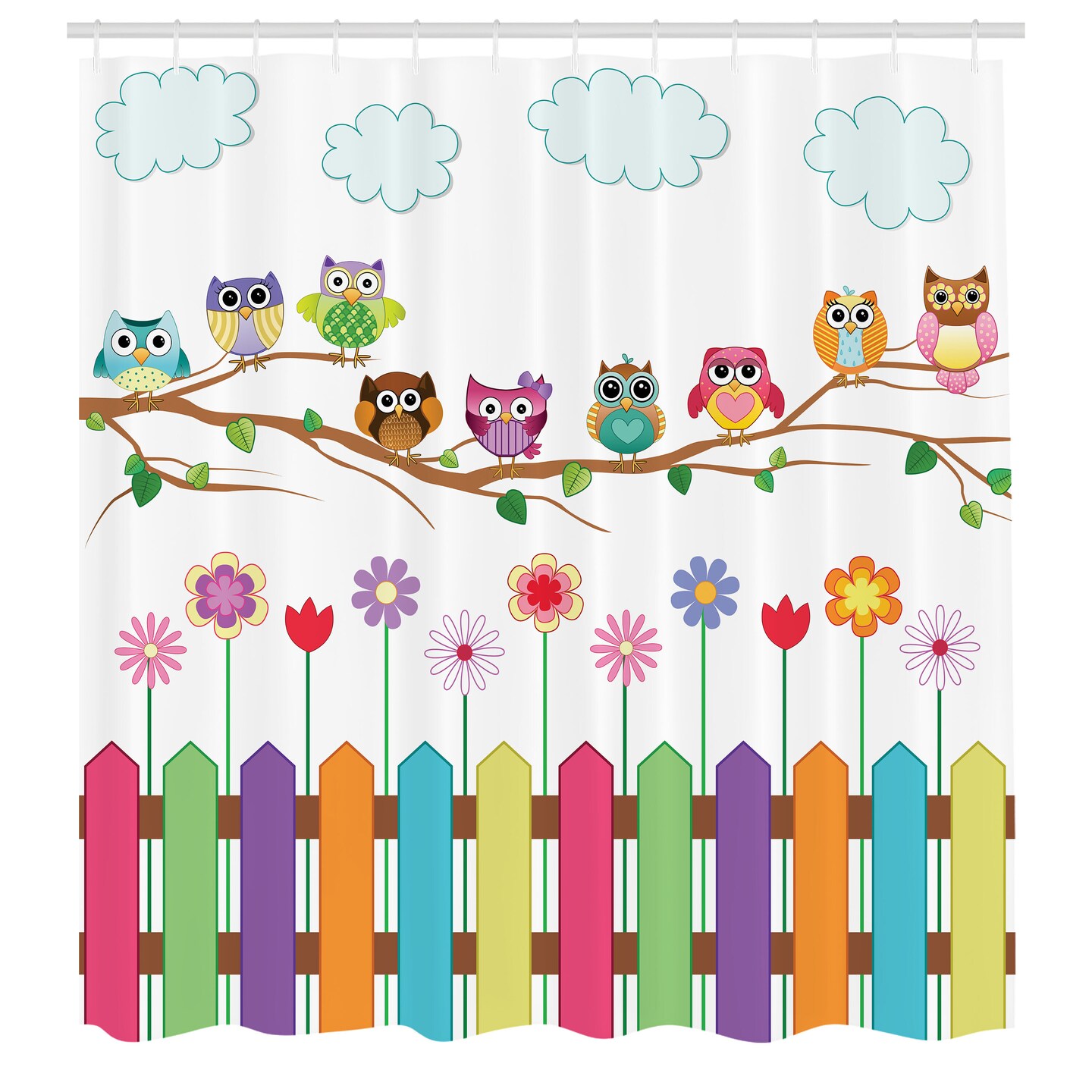 Ambesonne Owls Shower Curtain, Owls on a Branch Sunny Day in Countryside Farmhouse Fences Wildflowers Holidays Art, Cloth Fabric Bathroom Decor Set with Hooks, 69&#x22; W x 70&#x22; L, Multicolor White Brown