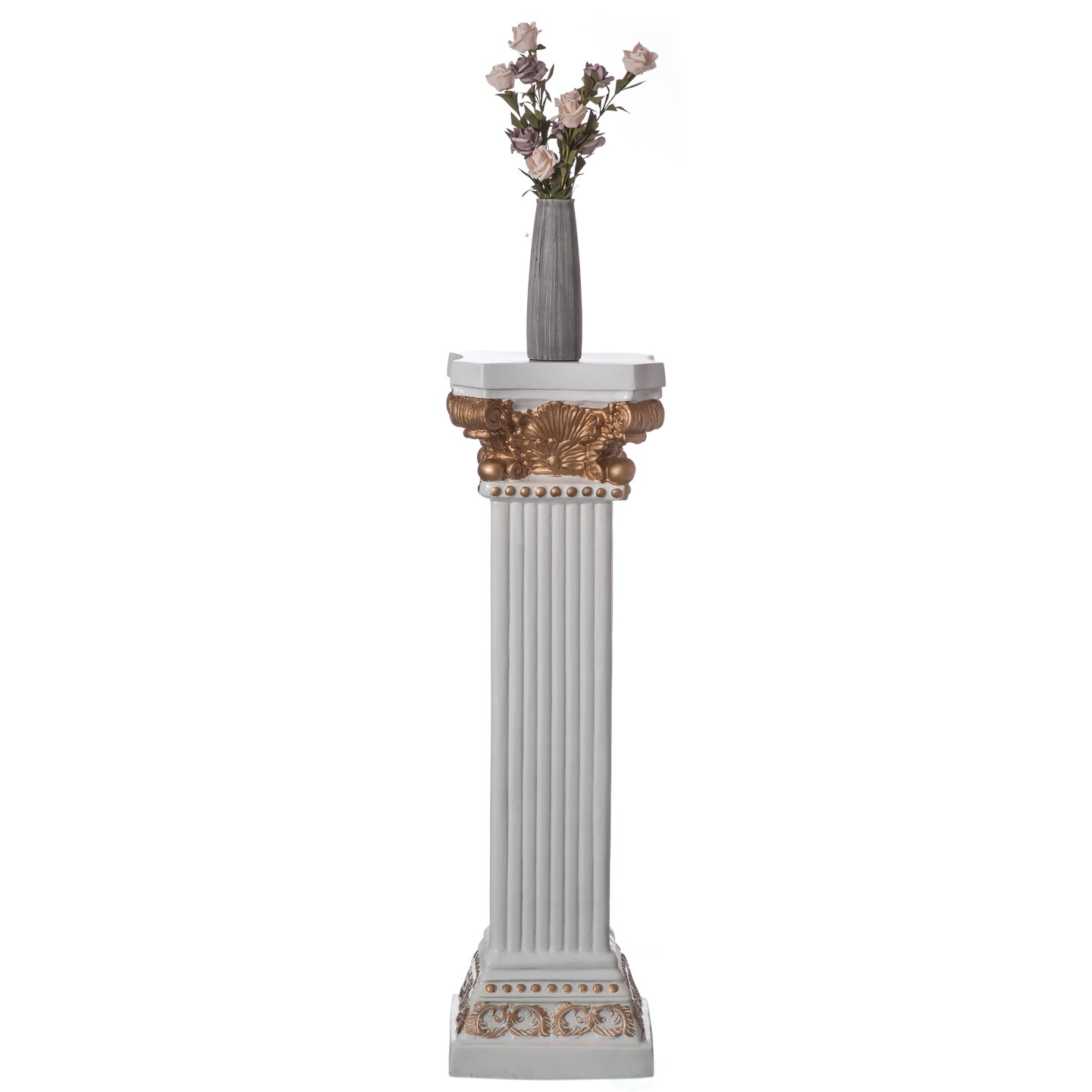 Decorative Fiberglass White and Gold Plinth Roman Style Column Ionic Piller Pedestal Vase Stand for Wedding or Party, Living Room, or Dining Room Decor - Photography Props - Sculpture Display - Greek-inspired Luxury Decor Piece with Ornate Gold Accen