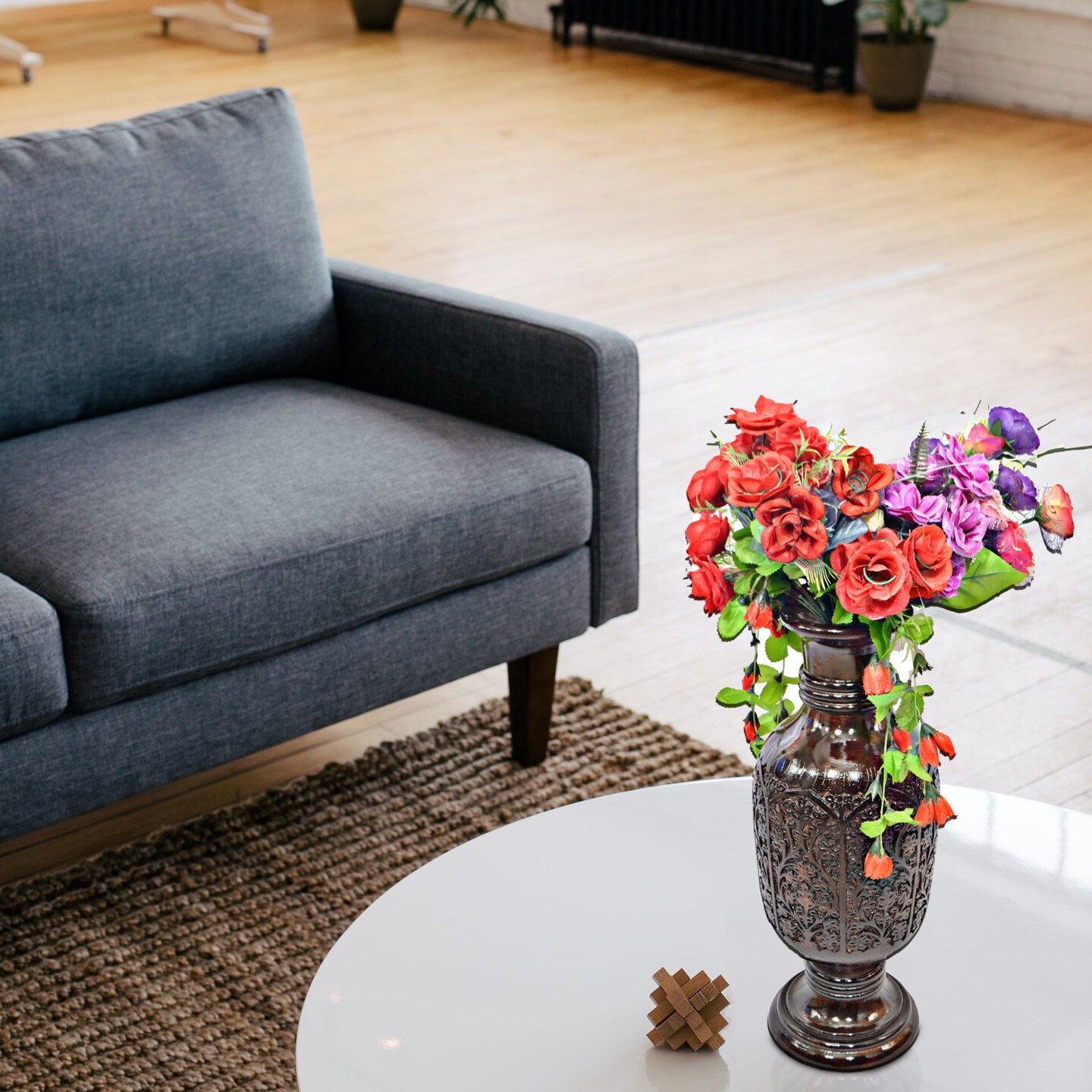 Antique Decorative Hand Curved Brown Mango Wood Table Flower Vase with Unique Textured Pattern, 24 Inch