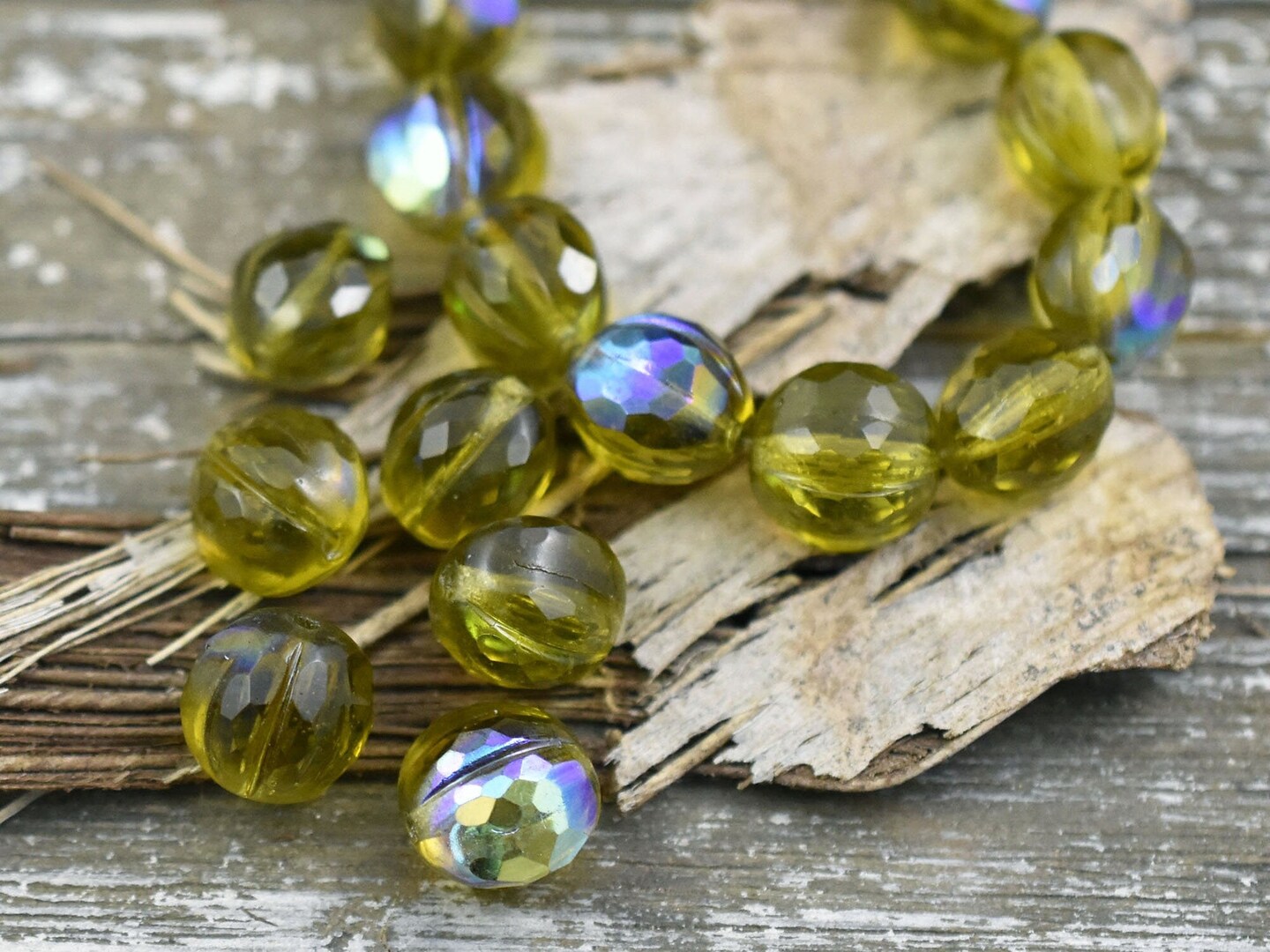 *10* 10mm Olive Green AB Faceted Round Melon Beads