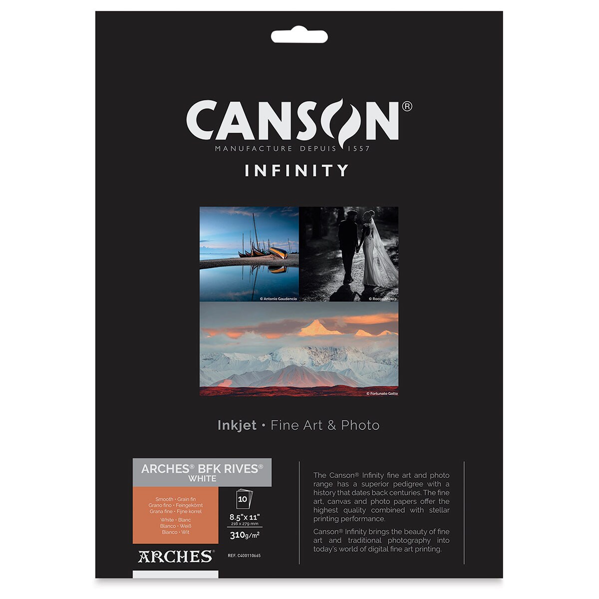 Canson Infinity Arches BFK Rives Inkjet Fine Art and Photo Paper - 8-1/2&#x22; x 11&#x22;, White, 310 gsm, Package of 10