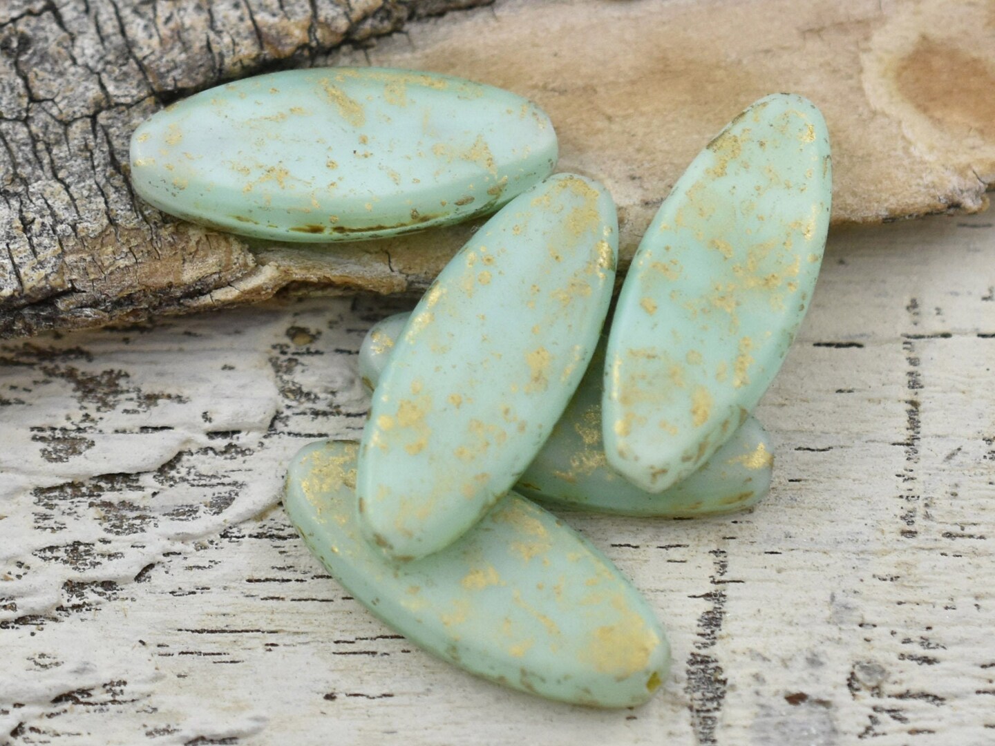 *4* 20x8mm Gold Washed Matte Mint Green Spindle Beads